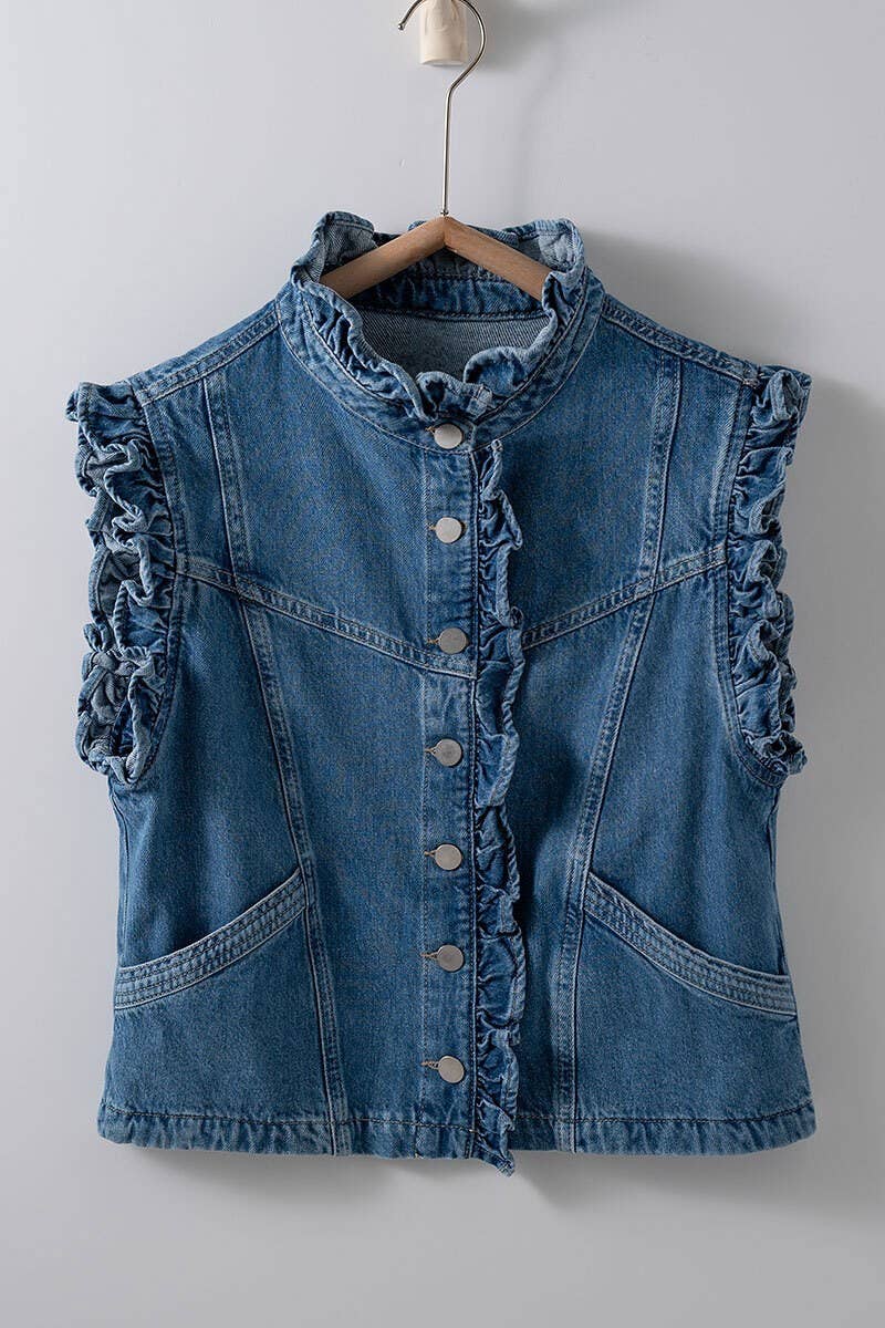 Victorian Muse Ruffle - Trim Denim Vest – High Collar Statement Layer Clothing La Vie Bien Victorian Muse Ruffle - Trim Denim Vest – High Collar Statement Layer