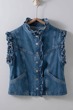 Victorian Muse Ruffle - Trim Denim Vest – High Collar Statement Layer Clothing La Vie Bien Victorian Muse Ruffle - Trim Denim Vest – High Collar Statement Layer