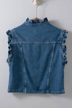 Victorian Muse Ruffle - Trim Denim Vest – High Collar Statement Layer Clothing La Vie Bien Victorian Muse Ruffle - Trim Denim Vest – High Collar Statement Layer