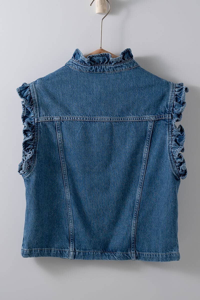 Victorian Muse Ruffle - Trim Denim Vest – High Collar Statement Layer Clothing La Vie Bien Victorian Muse Ruffle - Trim Denim Vest – High Collar Statement Layer