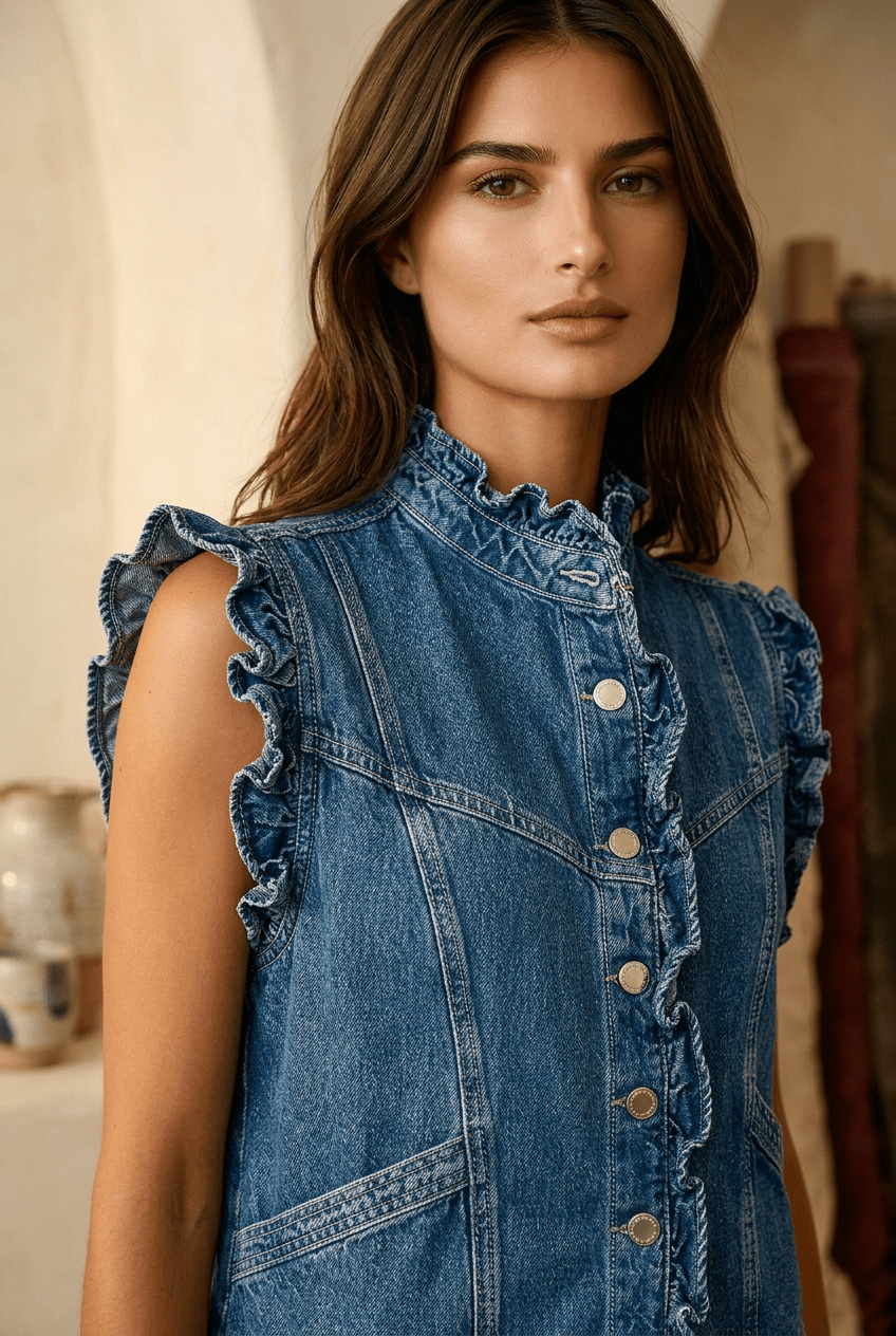 Victorian Muse Ruffle - Trim Denim Vest – High Collar Statement Layer Clothing La Vie Bien Victorian Muse Ruffle - Trim Denim Vest – High Collar Statement Layer