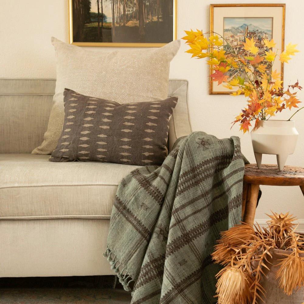 Vina Linen Block Print Throw Pillow Cover, Sand by White Cliff Studio