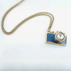 Vintage Camera Necklace in Teal | Antique Brass Long Chain by The Bullish Store