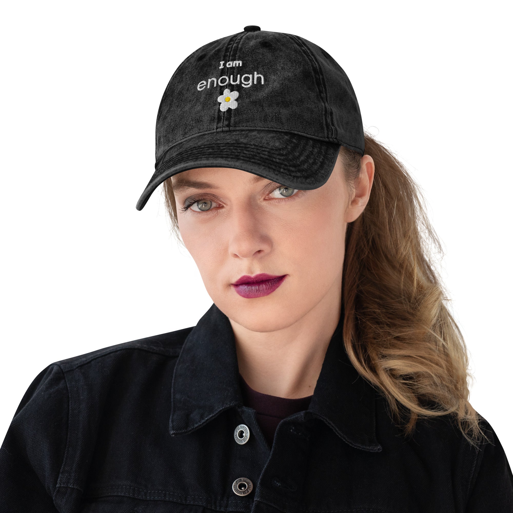 I am enough embroidered daisy Vintage Cotton Twill Cap