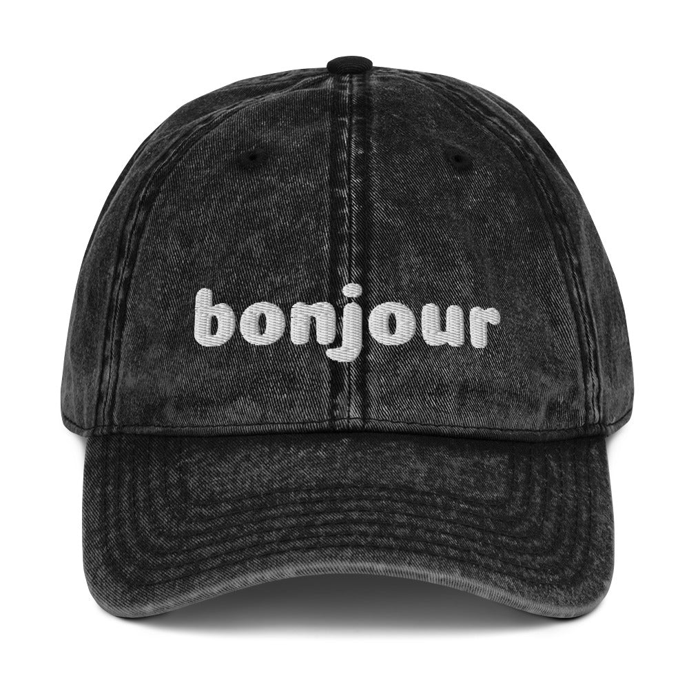 Vintage bonjour embroidered Cotton Twill Cap