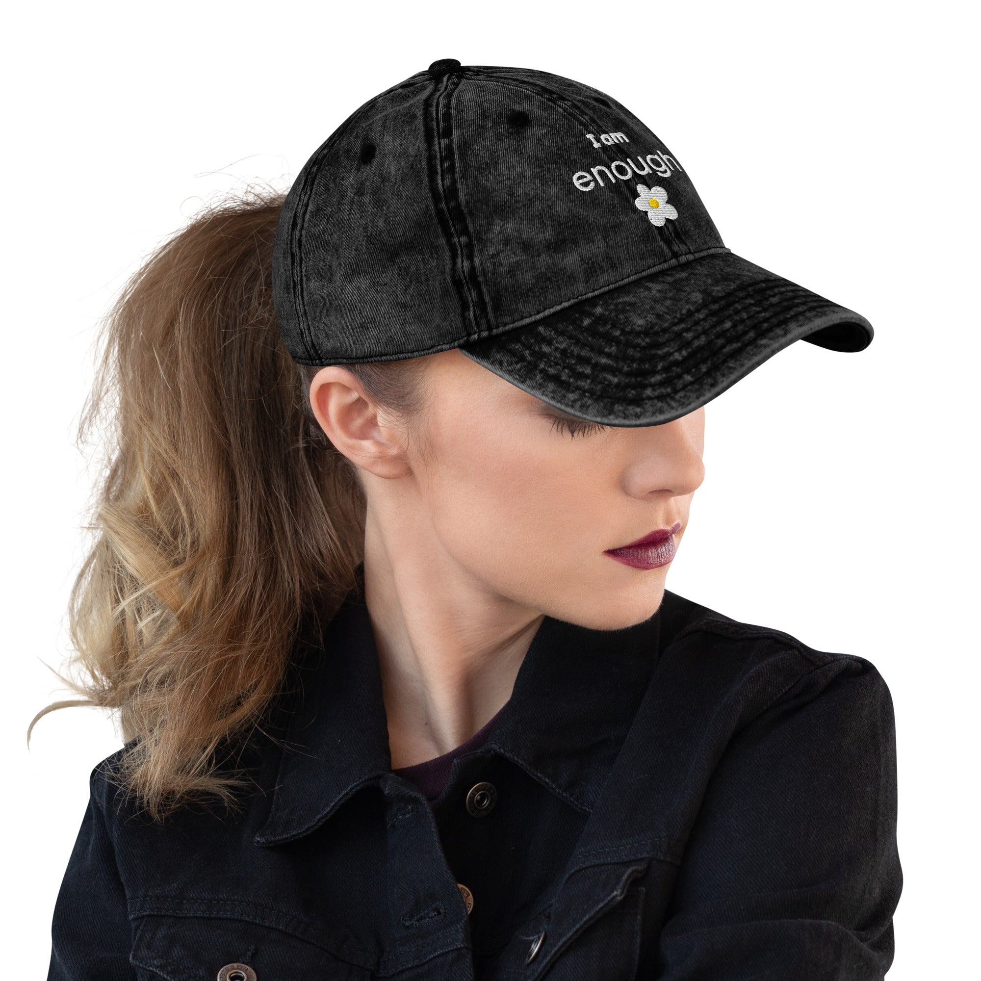 I am enough embroidered daisy Vintage Cotton Twill Cap