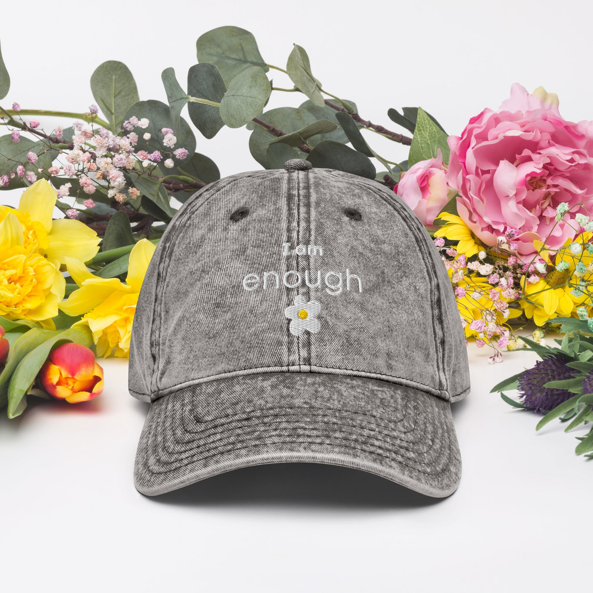 I am enough embroidered daisy Vintage Cotton Twill Cap