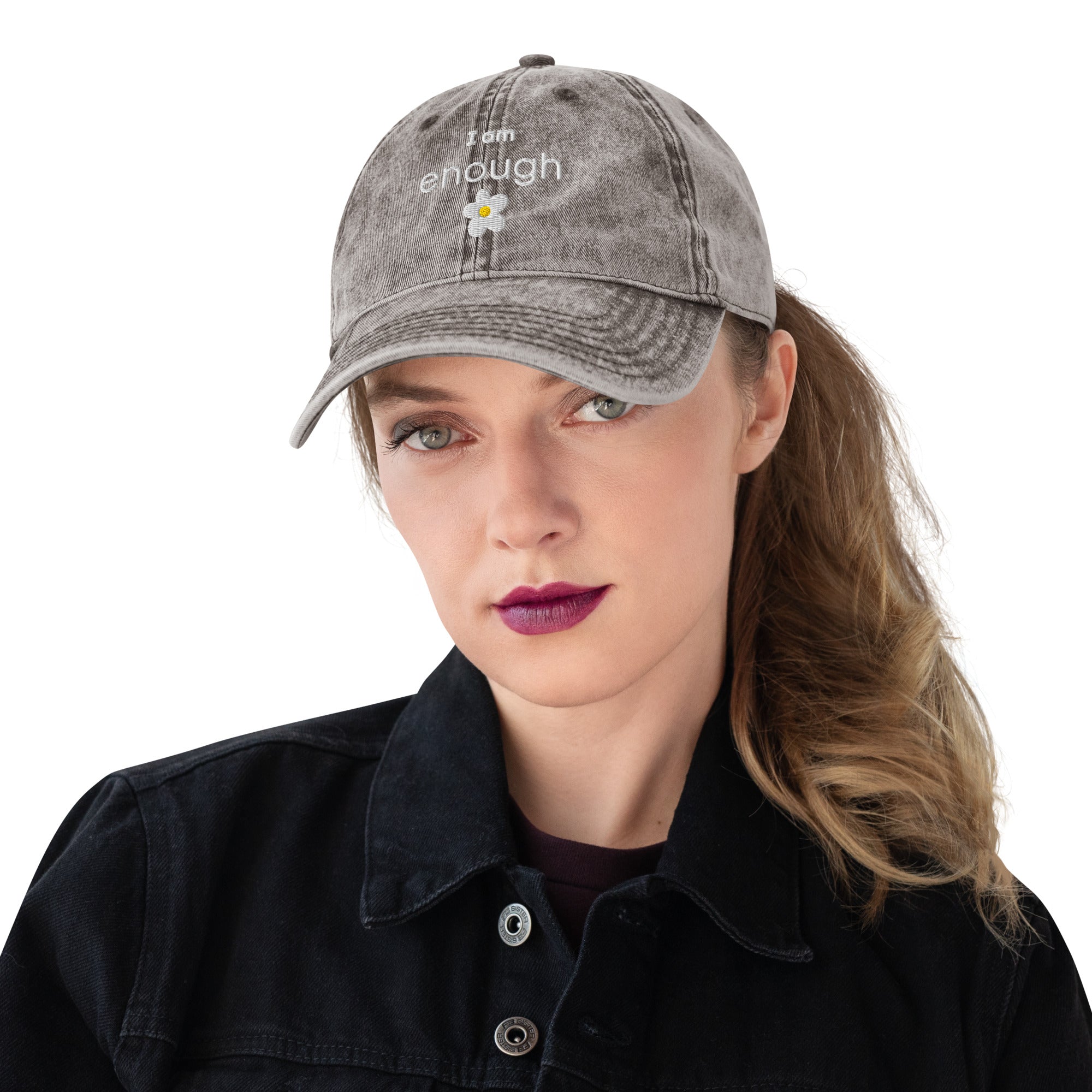 I am enough embroidered daisy Vintage Cotton Twill Cap