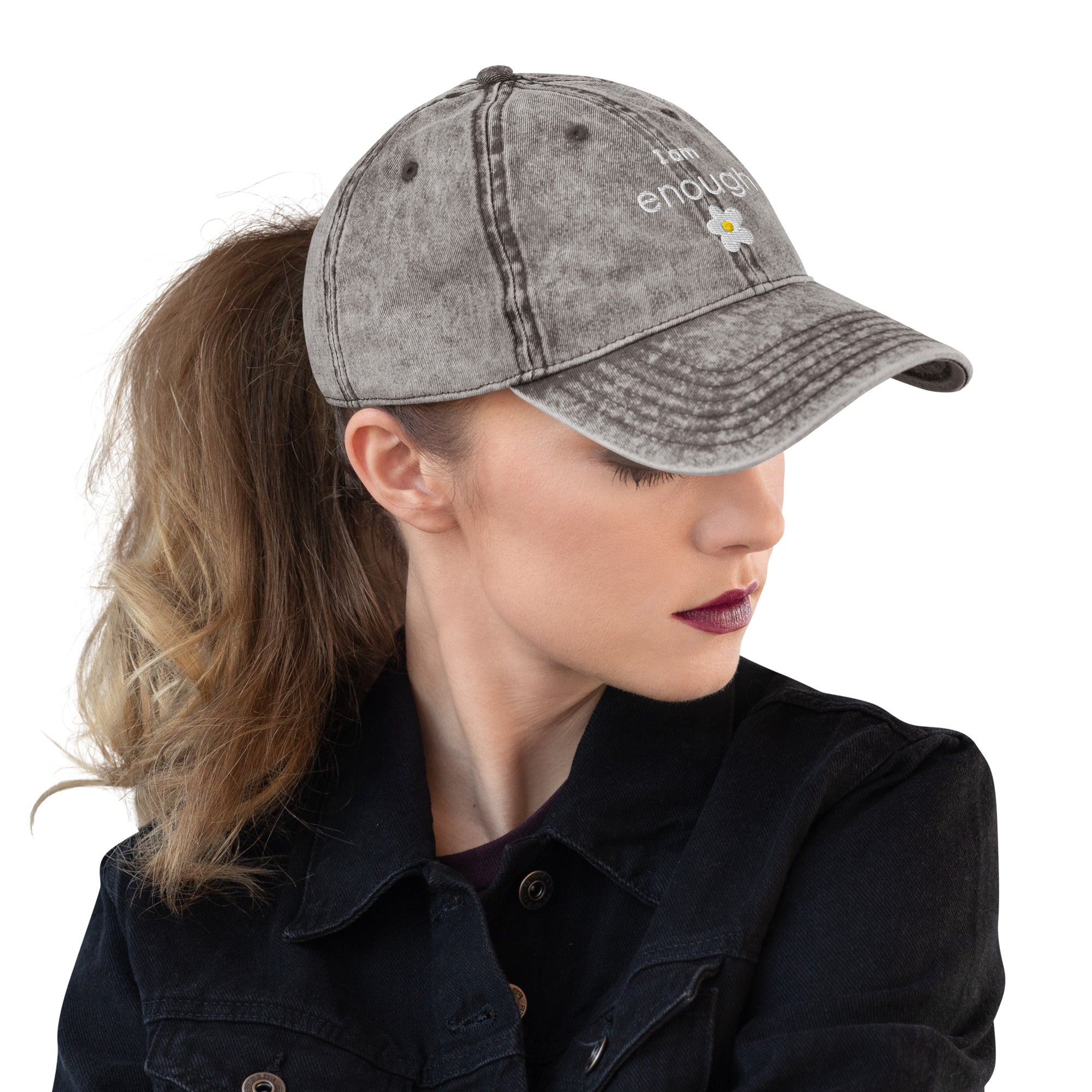 I am enough embroidered daisy Vintage Cotton Twill Cap
