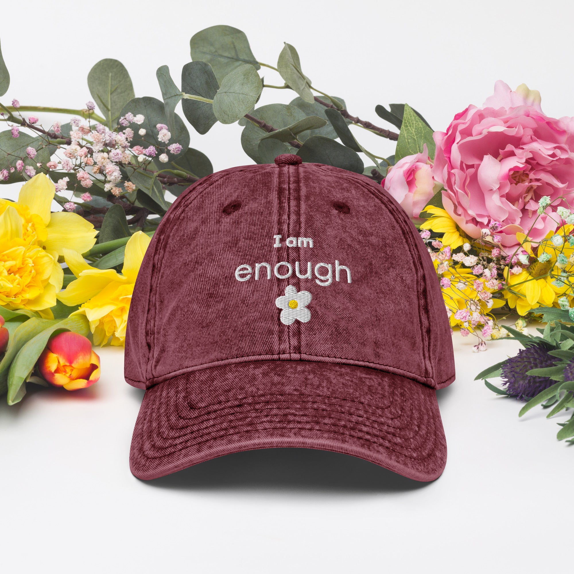 I am enough embroidered daisy Vintage Cotton Twill Cap