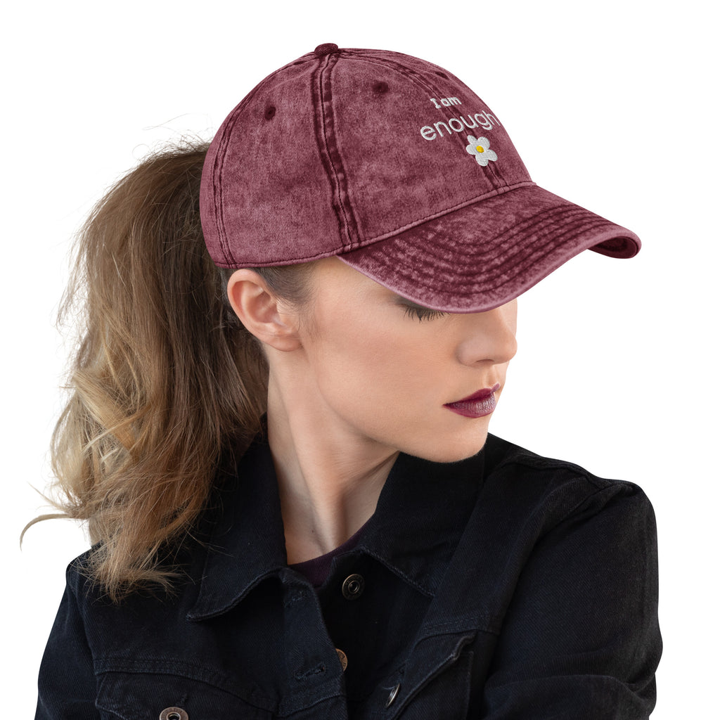 I am enough embroidered daisy Vintage Cotton Twill Cap