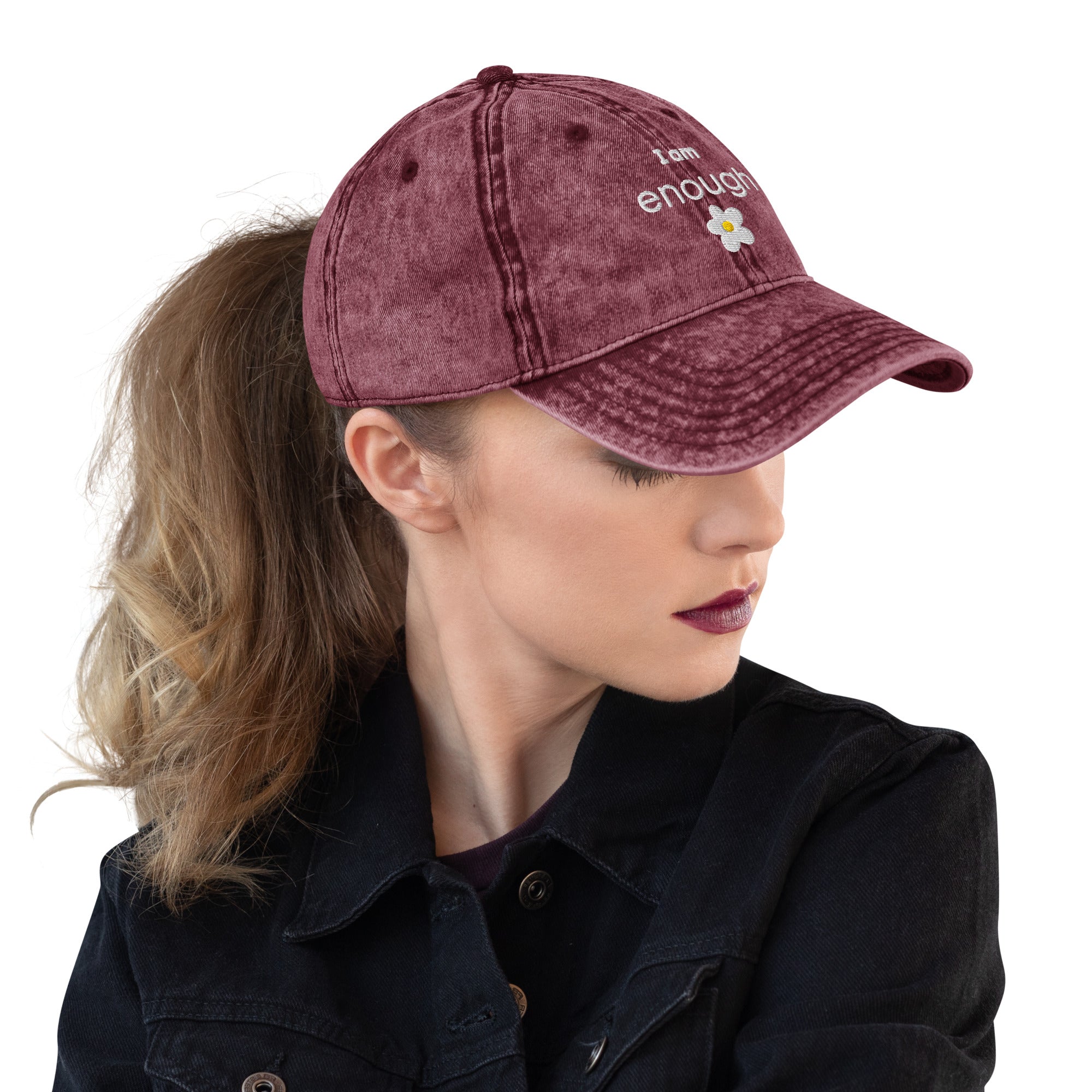 I am enough embroidered daisy Vintage Cotton Twill Cap