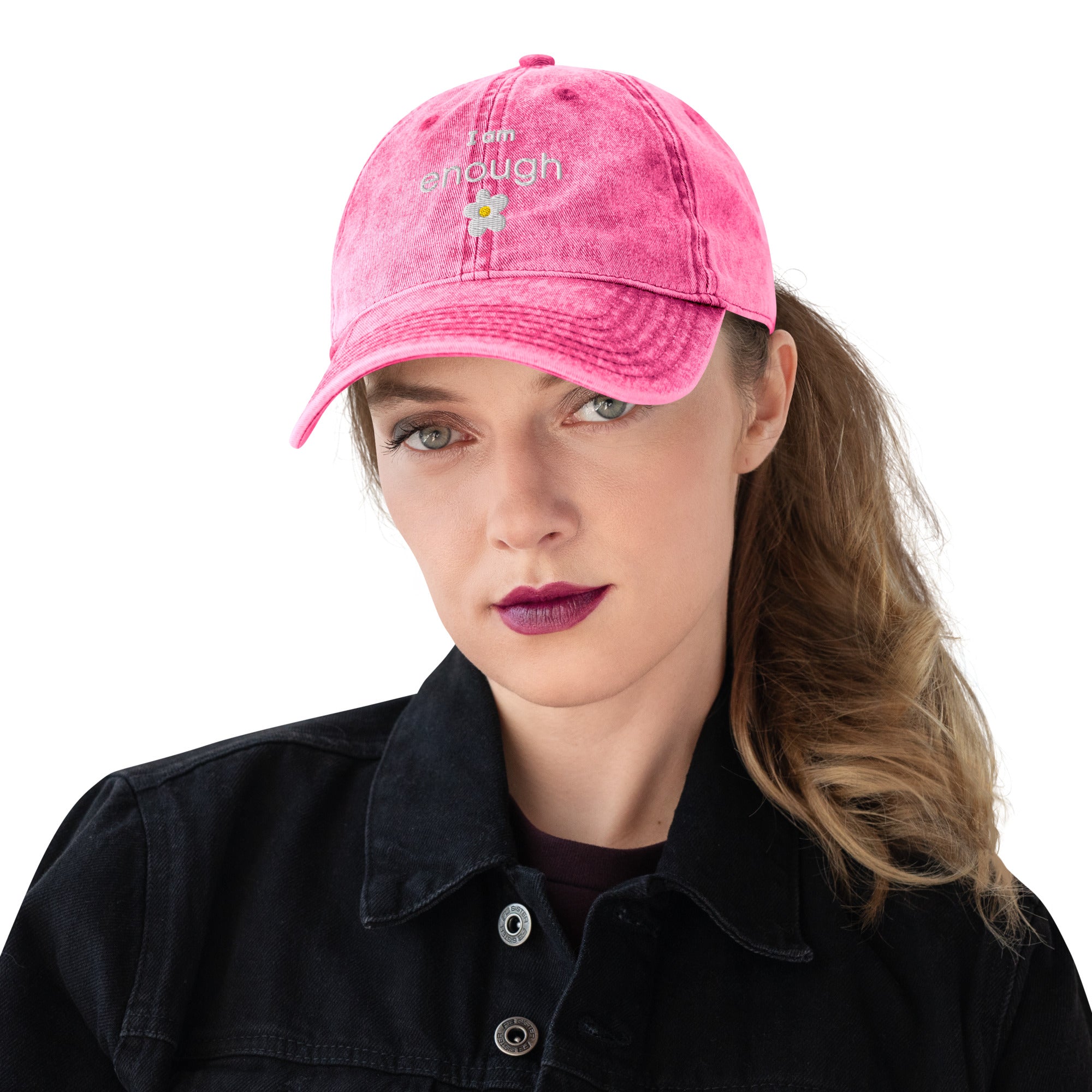 I am enough embroidered daisy Vintage Cotton Twill Cap