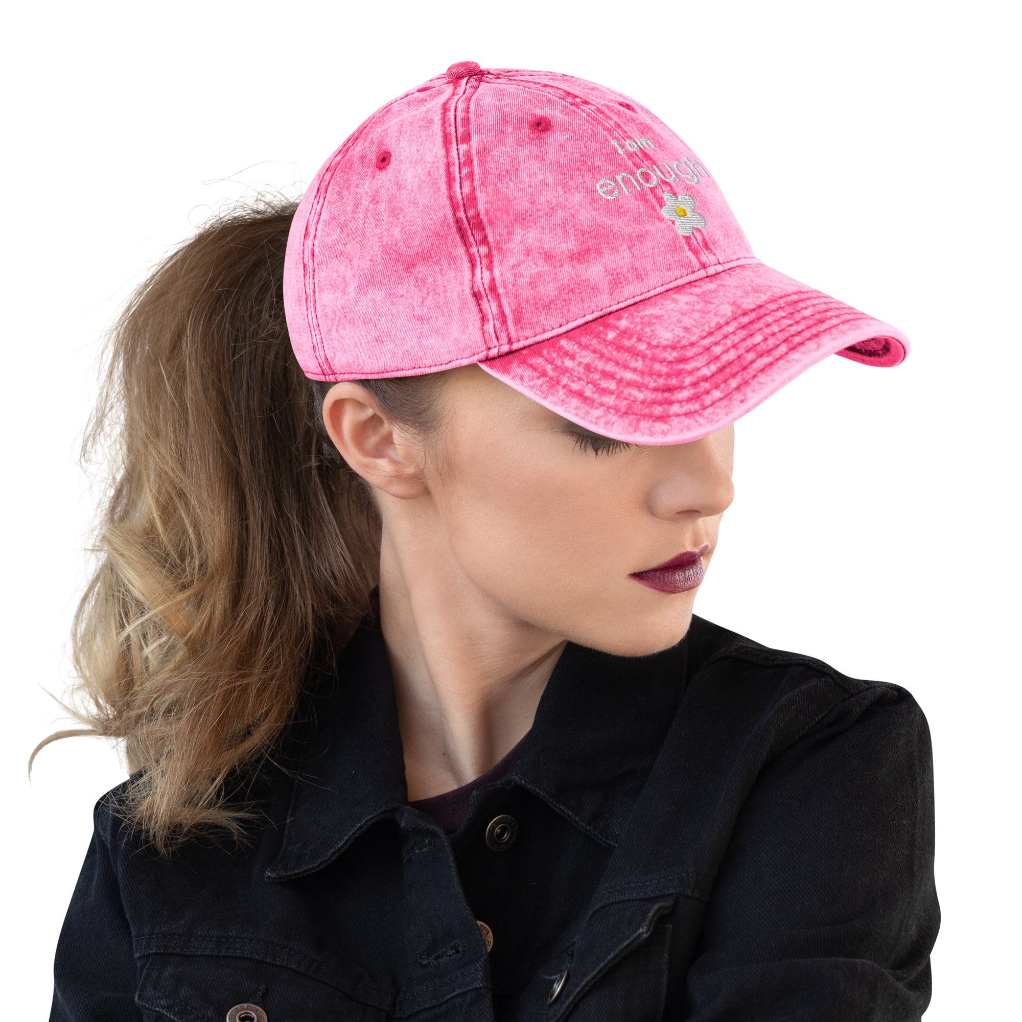 I am enough embroidered daisy Vintage Cotton Twill Cap