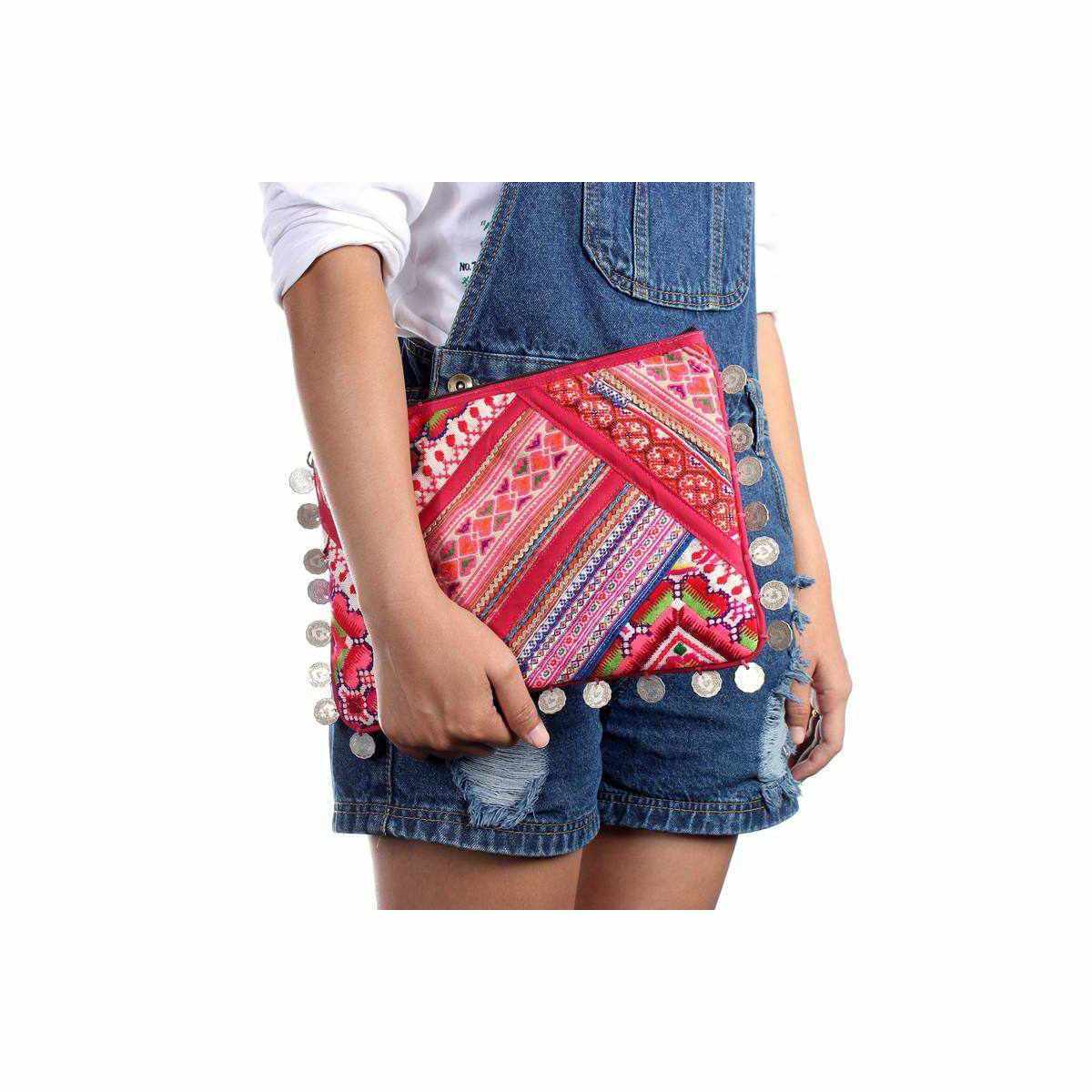 Vintage Leather Trims & Coins iPad Clutch - Thailand Bags La Vie Bien Vintage Leather Trims & Coins iPad Clutch - Thailand