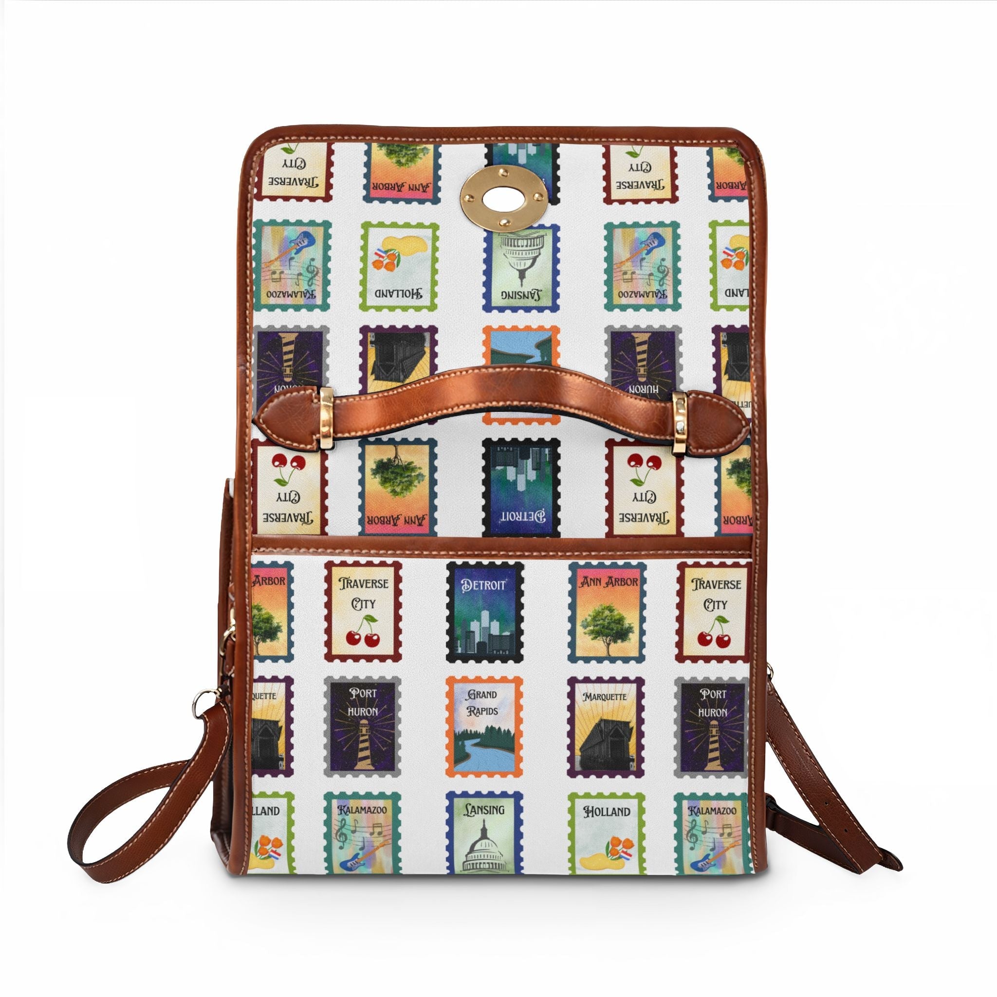 Vintage style Michigan cities Postage Stamps Waterproof Canvas Bag Print Travel Satchel - Kalamazoo, Marquette, Detroit, Lansing, Port Huron, Grand Rapids, Holland, Ann Arbor Bags La Vie Bien Vintage style Michigan cities Postage Stamps Waterproof Canvas Bag Print Travel Satchel - Kalamazoo, Marquette, Detroit, Lansing, Port Huron, Grand Rapids, Holland, Ann Arbor