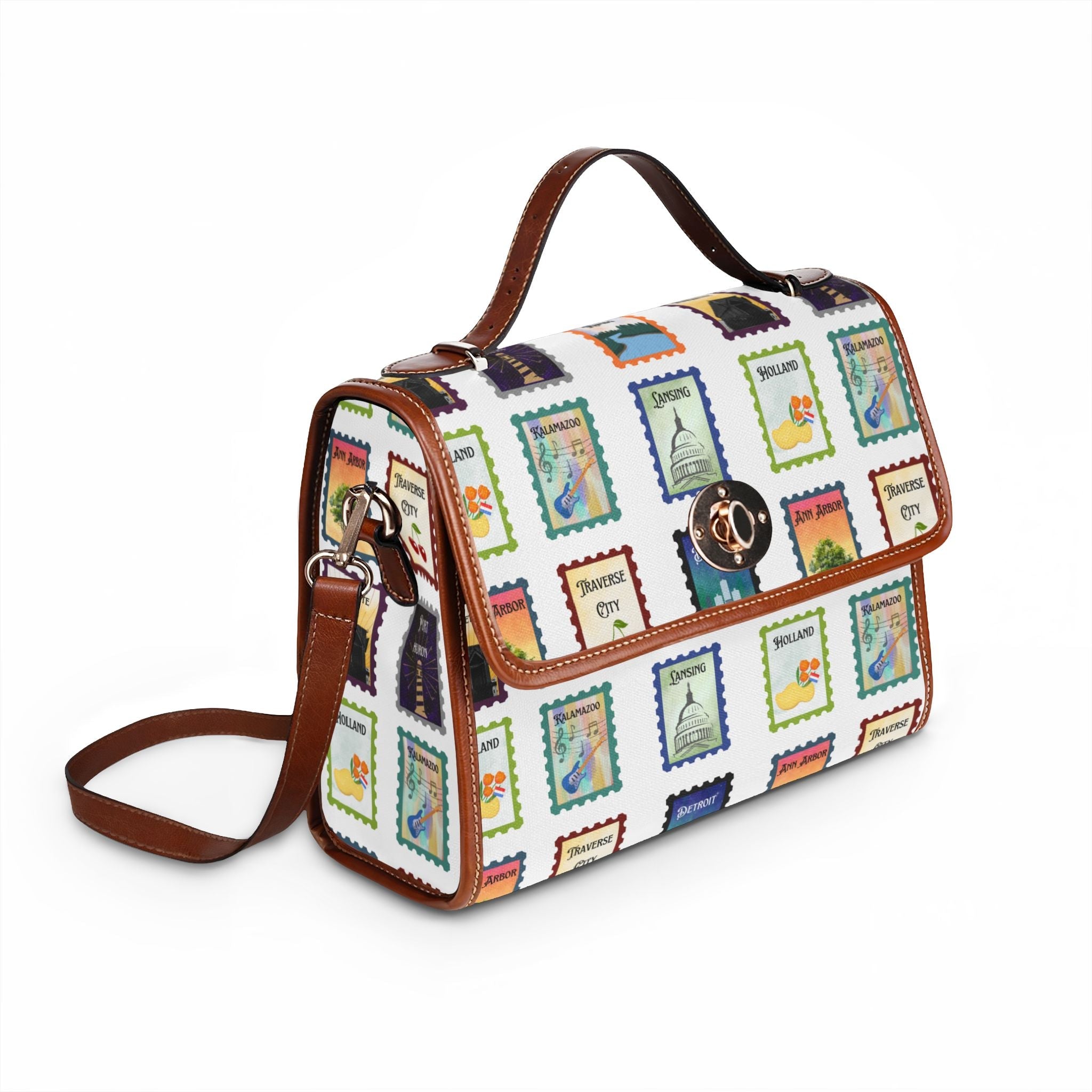 Vintage style Michigan cities Postage Stamps Waterproof Canvas Bag Print Travel Satchel - Kalamazoo, Marquette, Detroit, Lansing, Port Huron, Grand Rapids, Holland, Ann Arbor Bags La Vie Bien Vintage style Michigan cities Postage Stamps Waterproof Canvas Bag Print Travel Satchel - Kalamazoo, Marquette, Detroit, Lansing, Port Huron, Grand Rapids, Holland, Ann Arbor