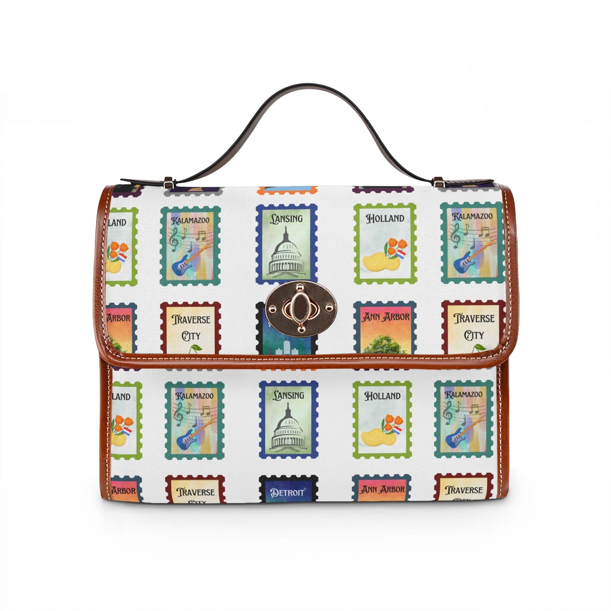 Vintage style Michigan cities Postage Stamps Waterproof Canvas Bag Print Travel Satchel - Kalamazoo, Marquette, Detroit, Lansing, Port Huron, Grand Rapids, Holland, Ann Arbor Bags La Vie Bien Vintage style Michigan cities Postage Stamps Waterproof Canvas Bag Print Travel Satchel - Kalamazoo, Marquette, Detroit, Lansing, Port Huron, Grand Rapids, Holland, Ann Arbor