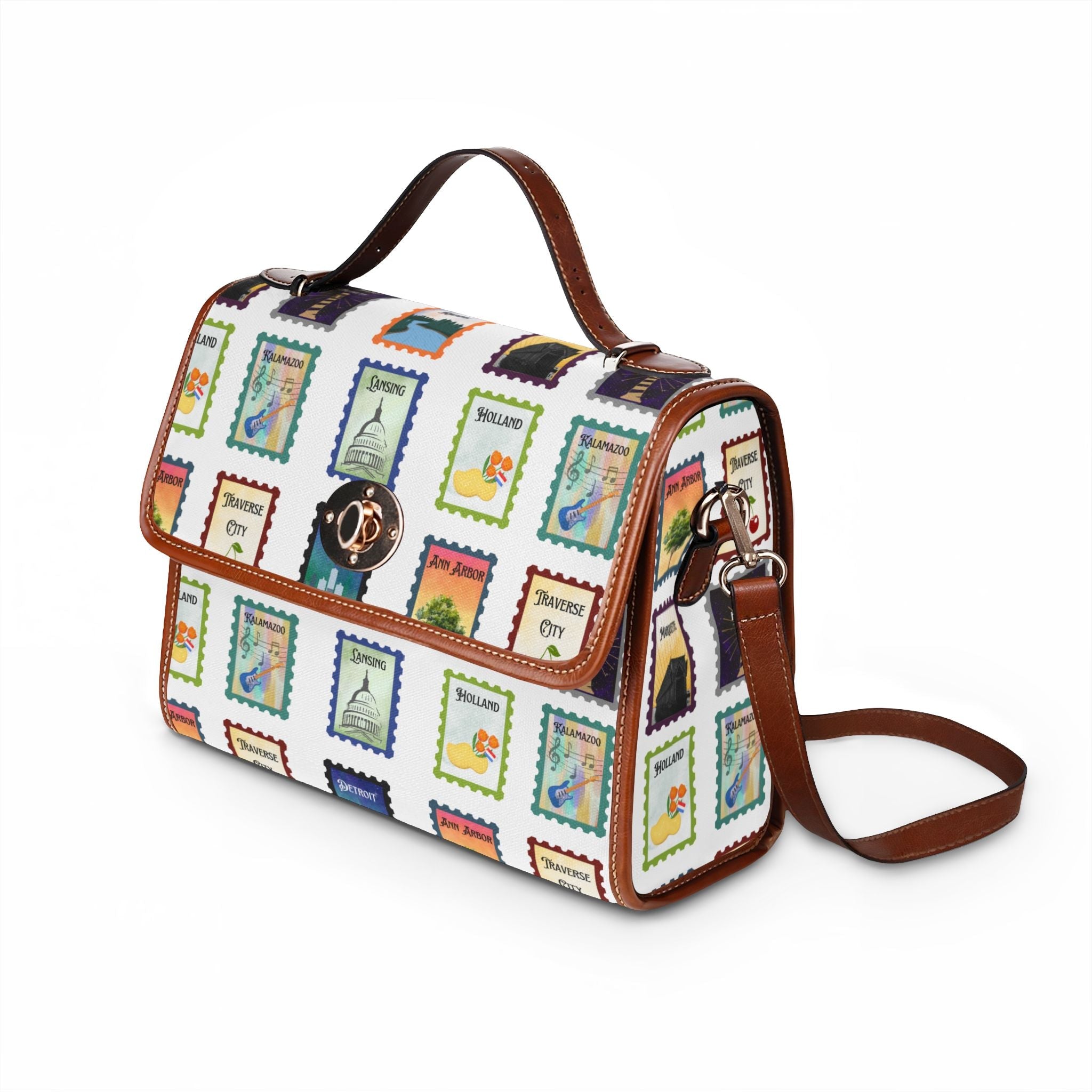 Vintage style Michigan cities Postage Stamps Waterproof Canvas Bag Print Travel Satchel - Kalamazoo, Marquette, Detroit, Lansing, Port Huron, Grand Rapids, Holland, Ann Arbor Bags La Vie Bien Vintage style Michigan cities Postage Stamps Waterproof Canvas Bag Print Travel Satchel - Kalamazoo, Marquette, Detroit, Lansing, Port Huron, Grand Rapids, Holland, Ann Arbor