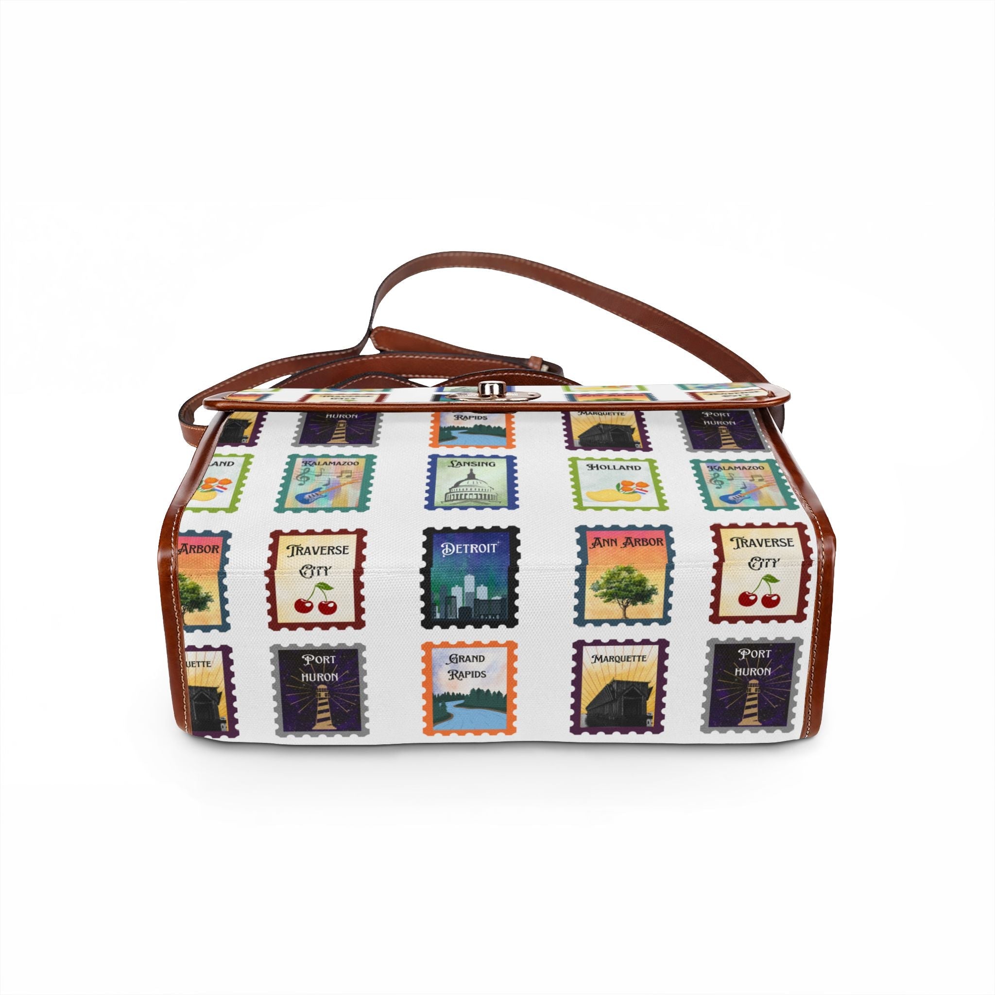 Vintage style Michigan cities Postage Stamps Waterproof Canvas Bag Print Travel Satchel - Kalamazoo, Marquette, Detroit, Lansing, Port Huron, Grand Rapids, Holland, Ann Arbor Bags La Vie Bien Vintage style Michigan cities Postage Stamps Waterproof Canvas Bag Print Travel Satchel - Kalamazoo, Marquette, Detroit, Lansing, Port Huron, Grand Rapids, Holland, Ann Arbor