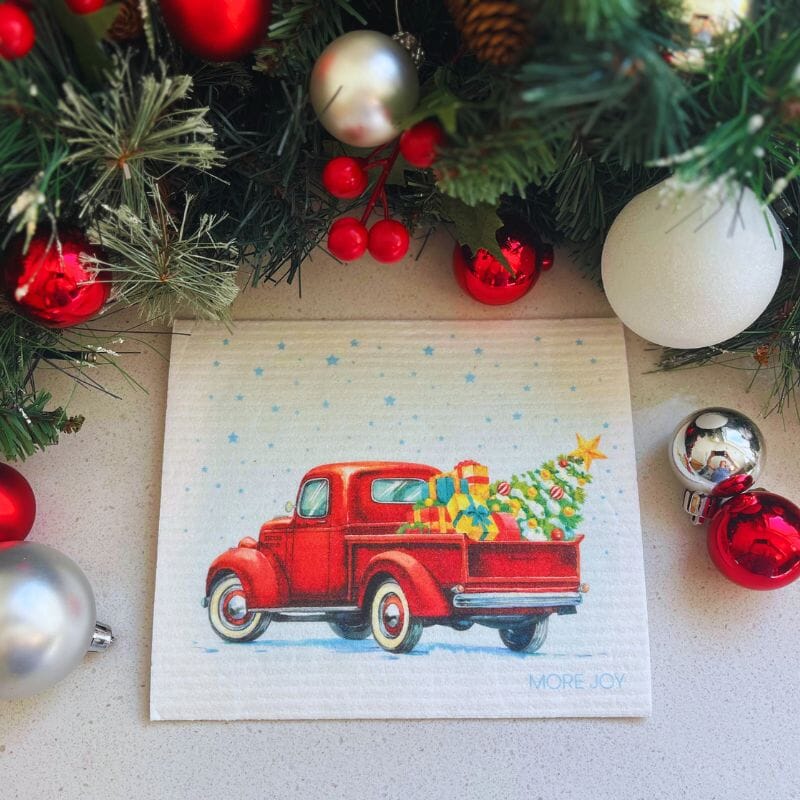 Vintage Truck with Christmas Tree Swedish Dishcloth | Red Swedish Dishcloths La Vie Bien Vintage Truck with Christmas Tree Swedish Dishcloth | Red