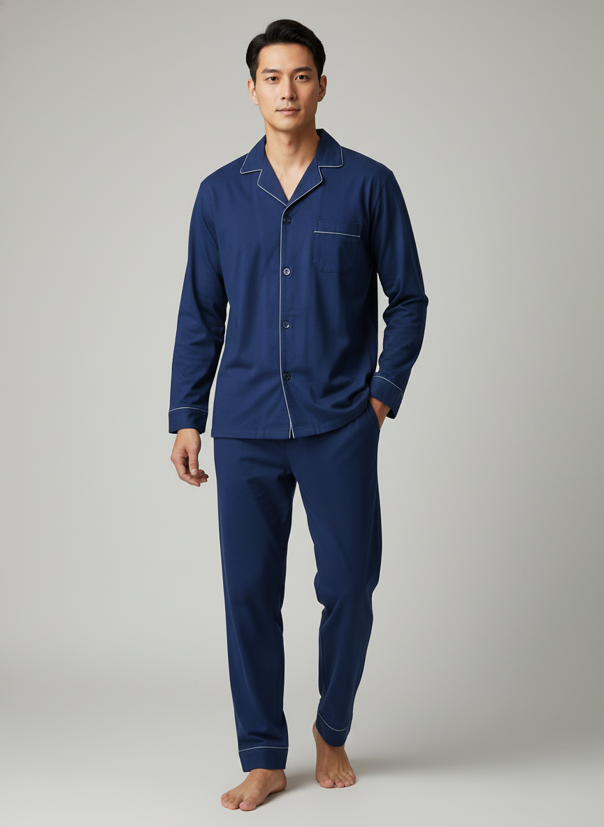 Mens Cotton Woven Double Layer Soft Pajama Sleepwear Set