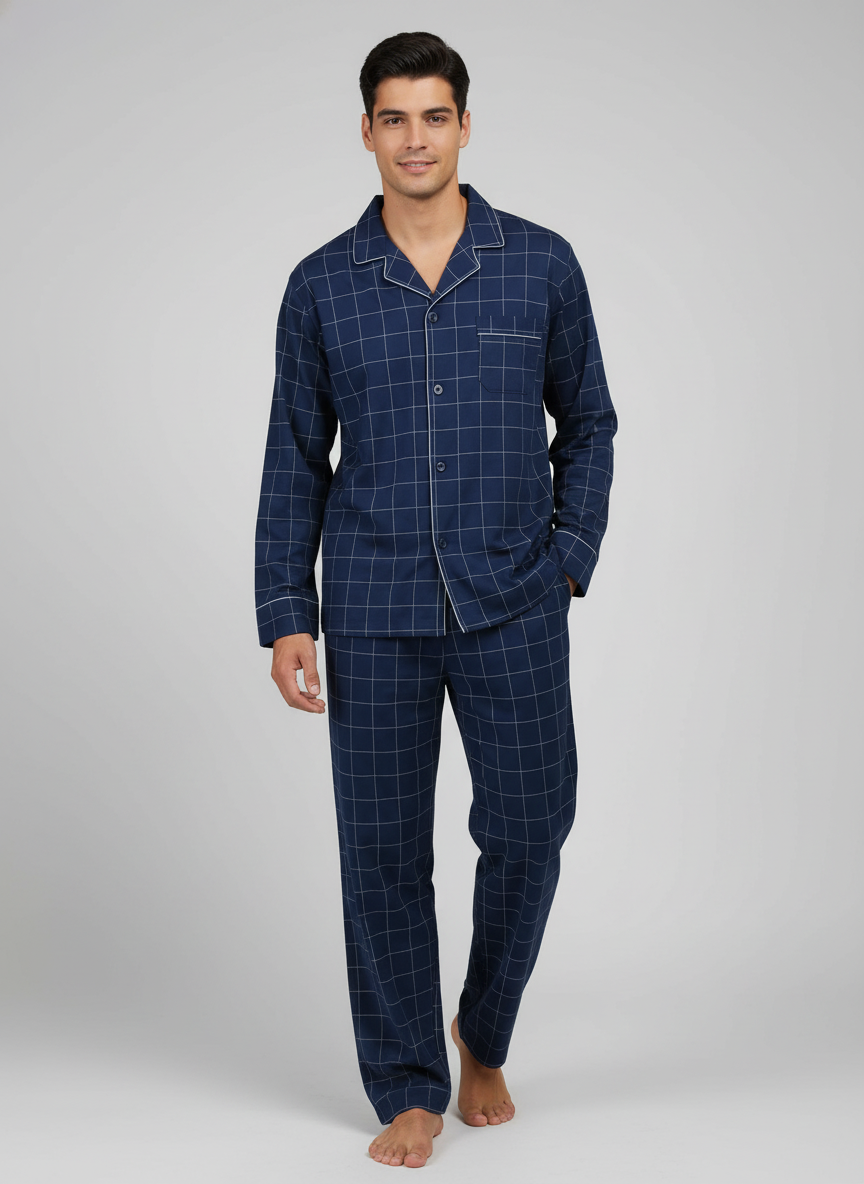 Mens Cotton Woven Double Layer Soft Pajama Sleepwear Set