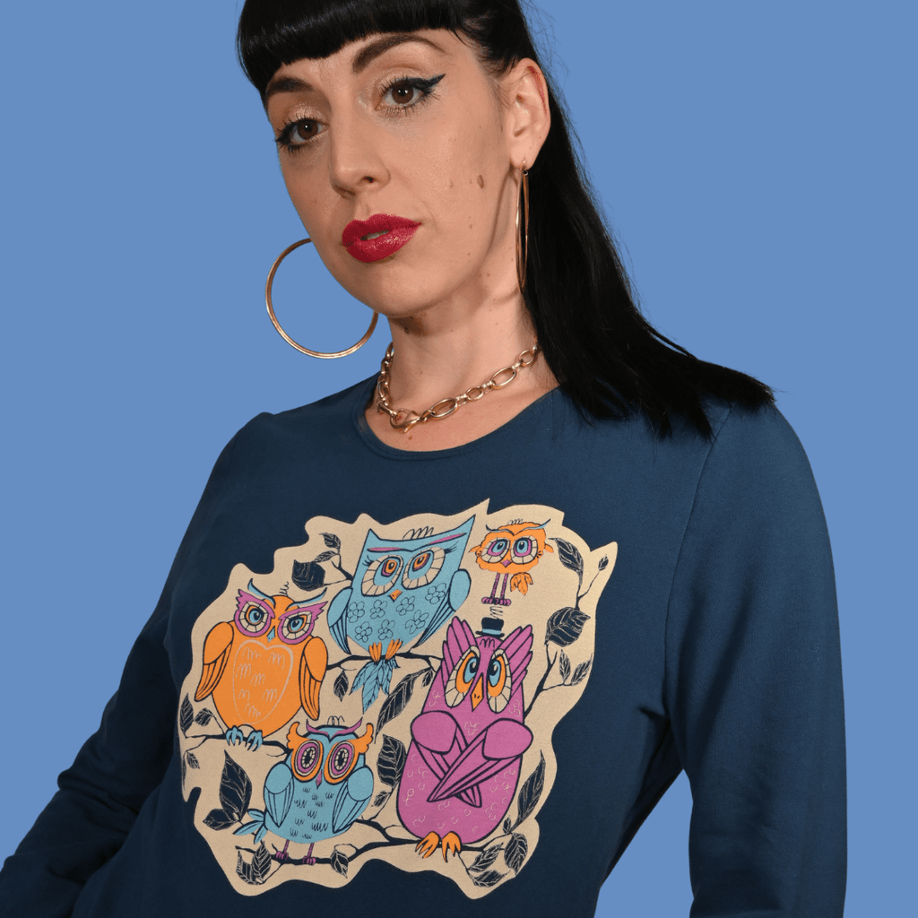 Wacky Owls Pullover in Midnight Blue Sweatshirt La Vie Bien Wacky Owls Pullover in Midnight Blue