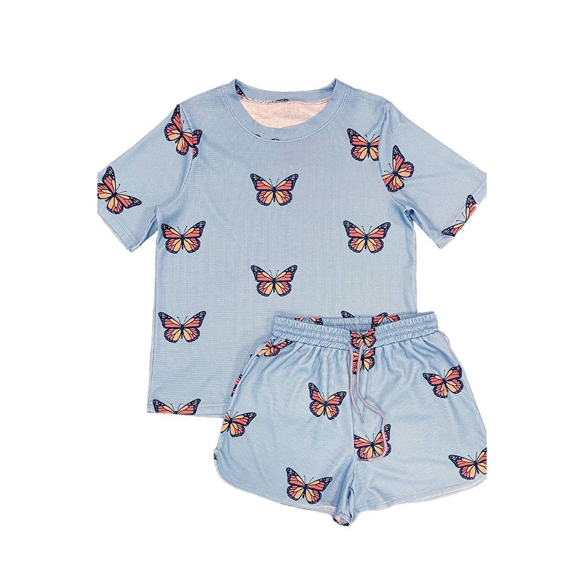 Waffle Fabric Printed Matching Shorts Set | Monarch Butterfly or Mushroom Print by The Bullish Store