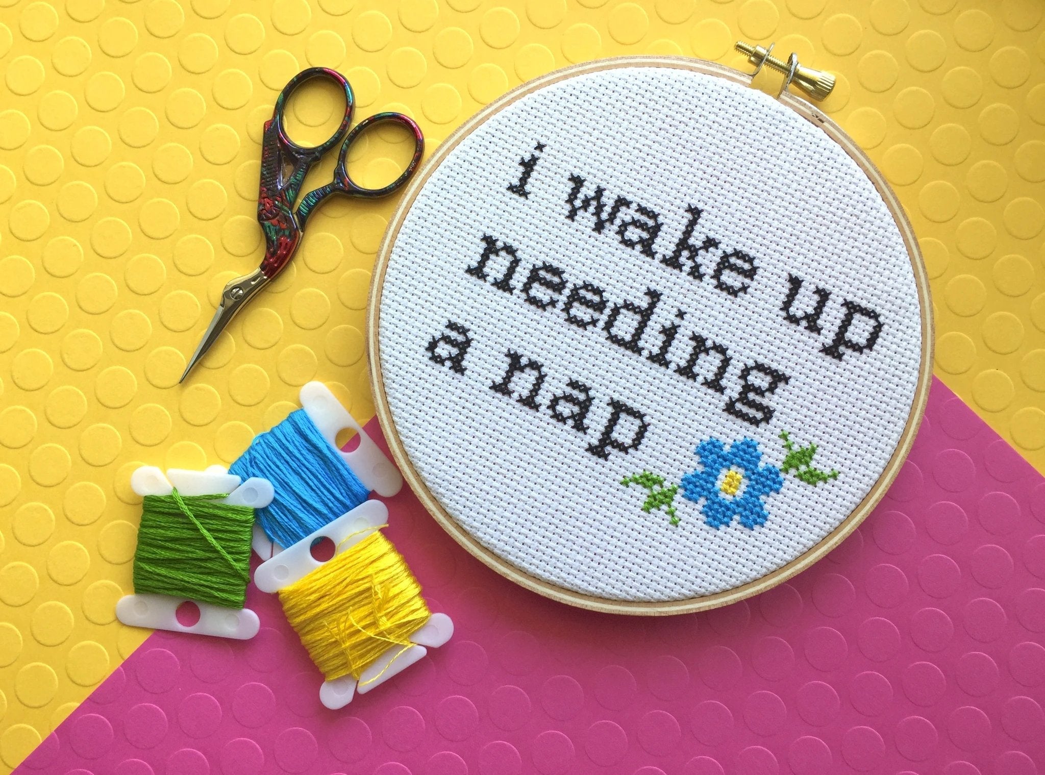 Wake Up Needing a Nap Counted Cross Stitch DIY KIT Intermediate by Spot Colors