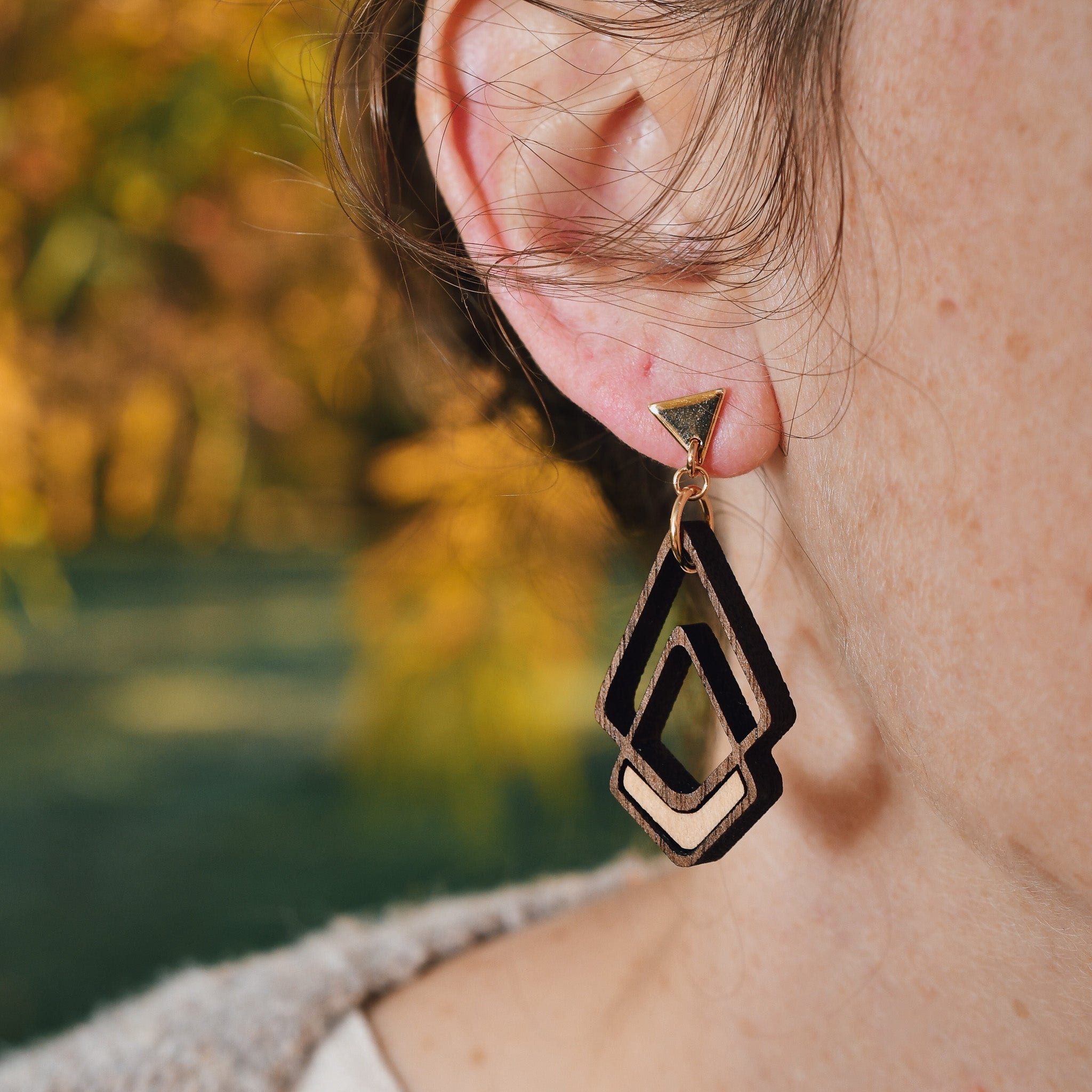 Chevron Wood Earrings – Walnut/Maple Inlay, Gold plated earwire