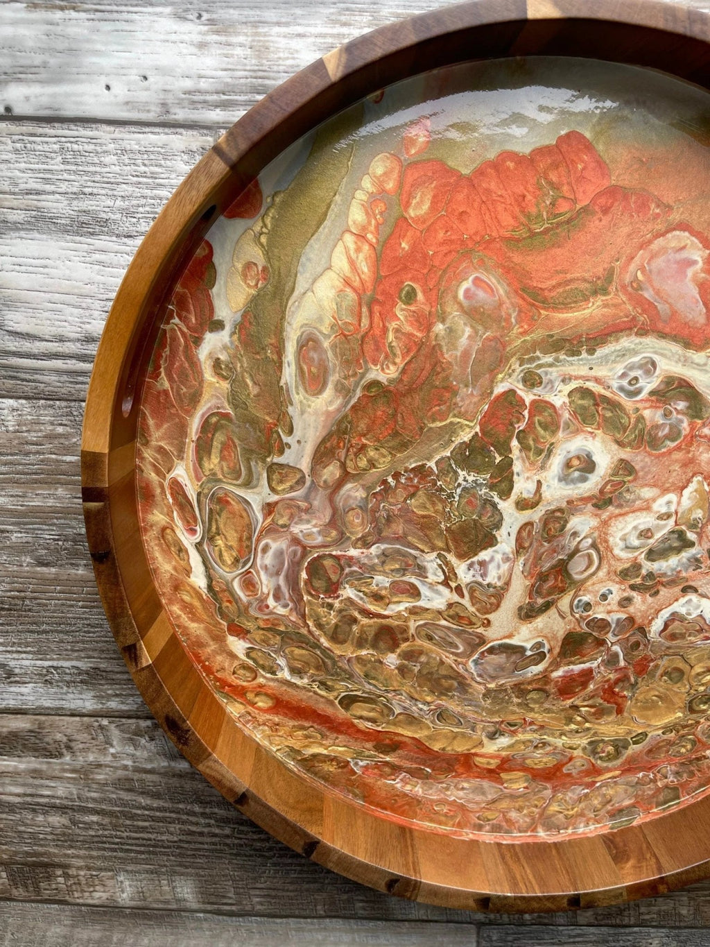 Warm Metallic Neutrals Large Round Acacia Wood Tray