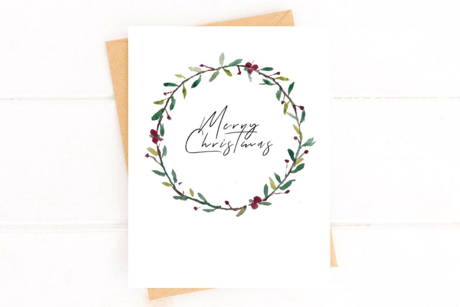 Watercolor Wreath Christmas Card – Elegant Holiday Greeting Cards by Five Dot Post