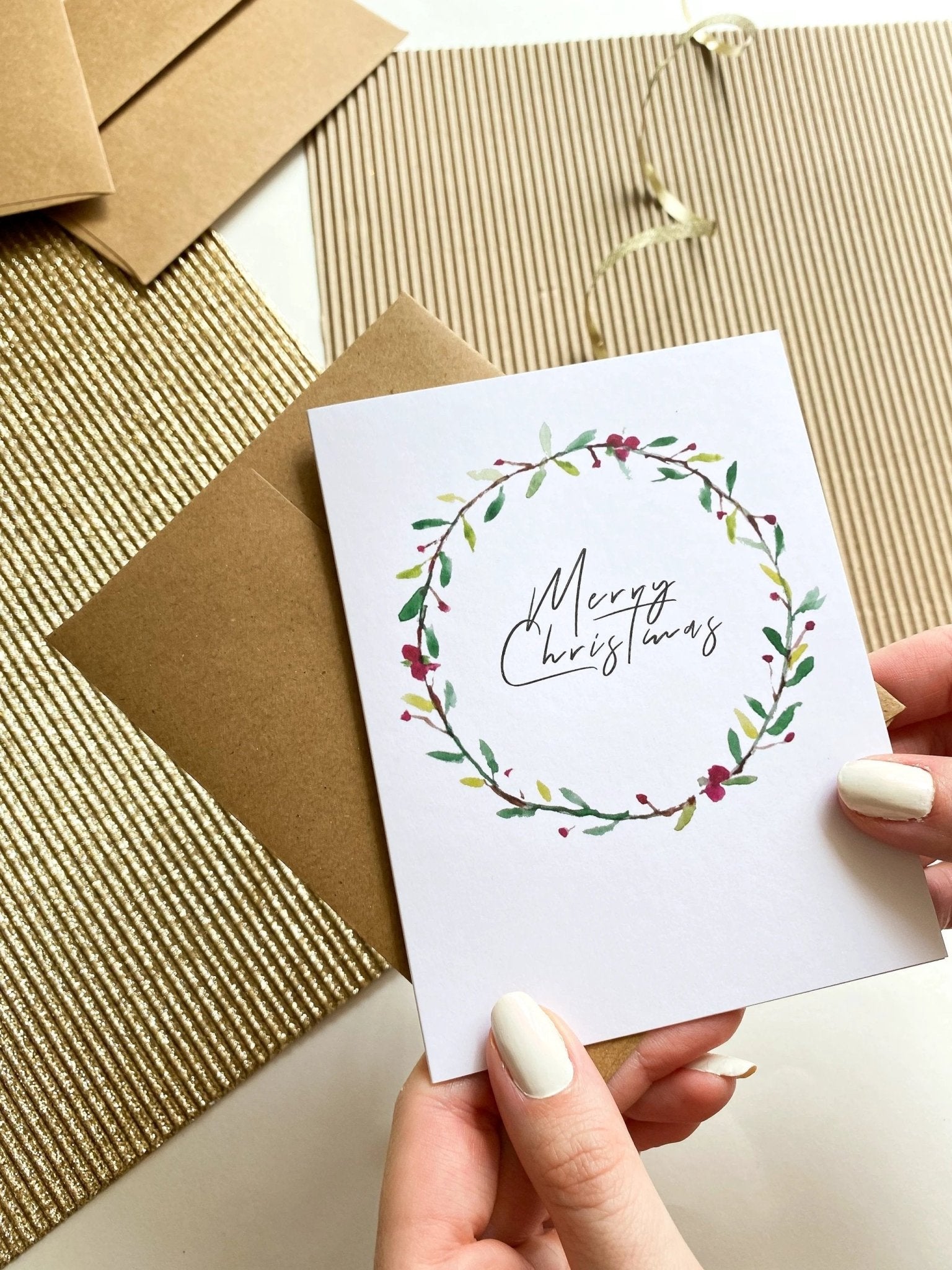 Watercolor Wreath Christmas Card – Elegant Holiday Greeting Cards by Five Dot Post