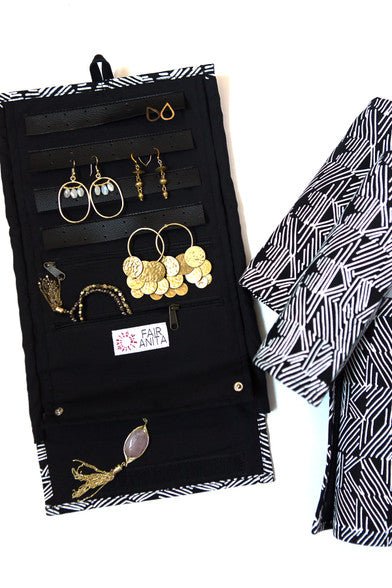 Wayfarer Jewelry Roll Travel Case - Black Matchstick by Fair Anita