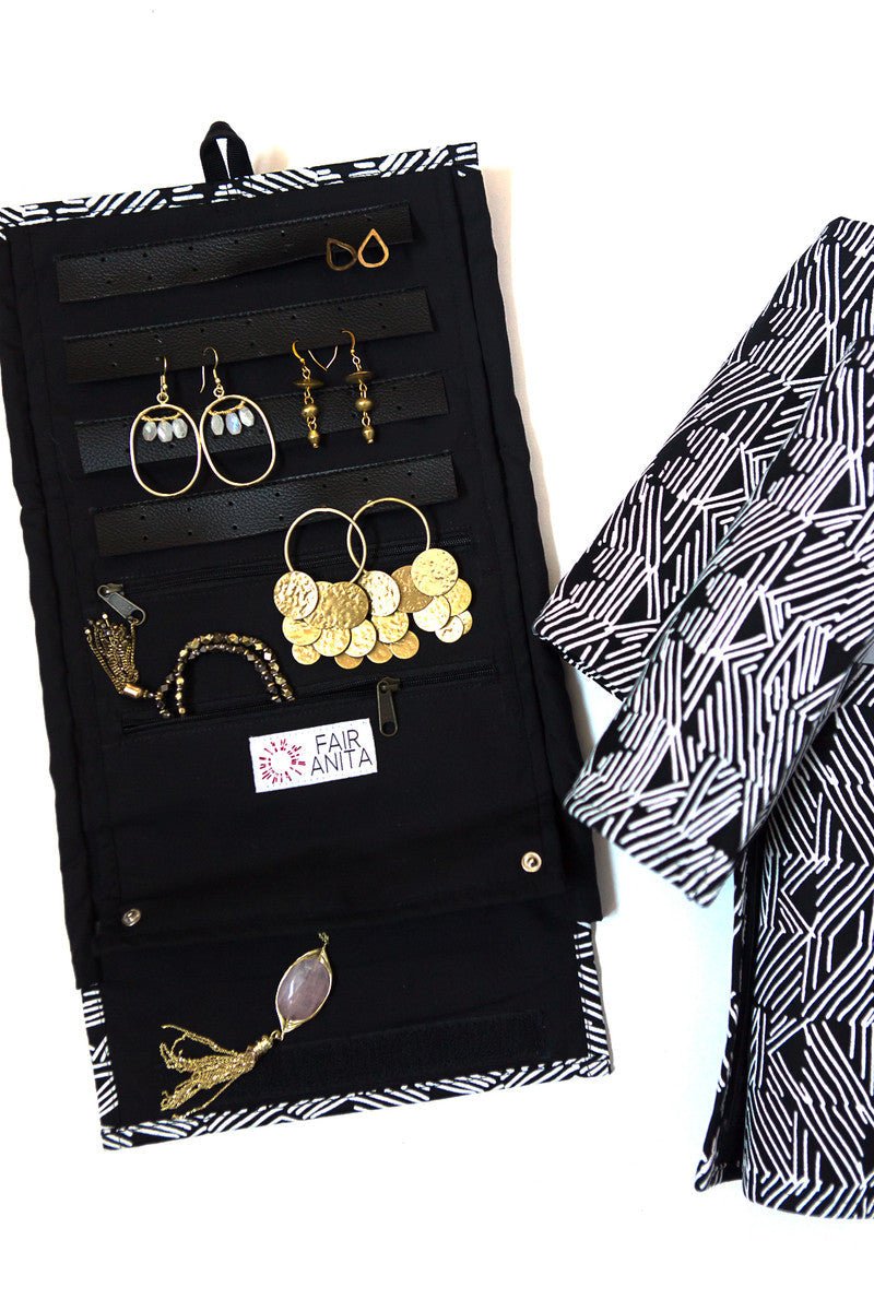 Wayfarer Jewelry Roll Travel Case - Black Matchstick by Fair Anita