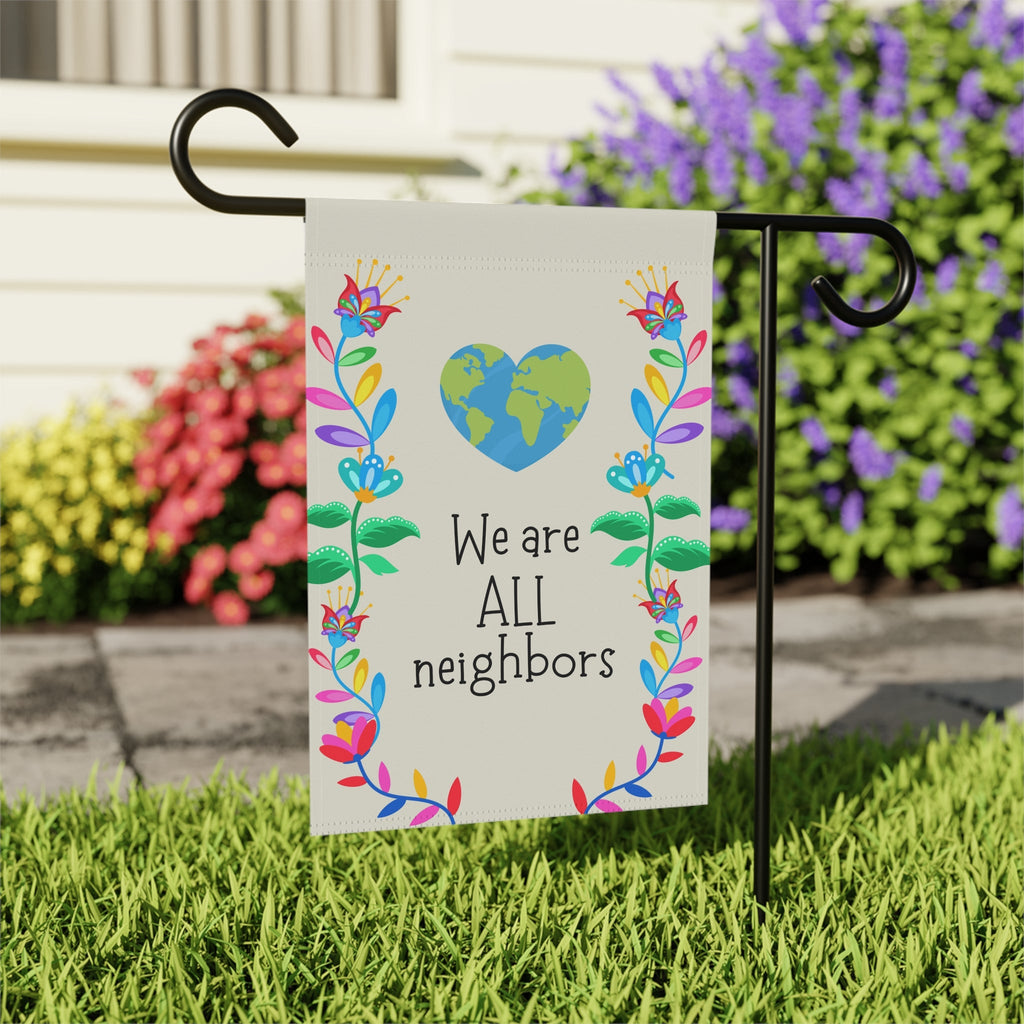 We Are ALL Neighbors Garden flag, Earth Heart Floral House Banner for inclusive homes Home Decor La Vie Bien We Are ALL Neighbors Garden flag, Earth Heart Floral House Banner for inclusive homes