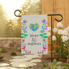 We Are ALL Neighbors Garden flag, Earth Heart Floral House Banner for inclusive homes Home Decor La Vie Bien We Are ALL Neighbors Garden flag, Earth Heart Floral House Banner for inclusive homes