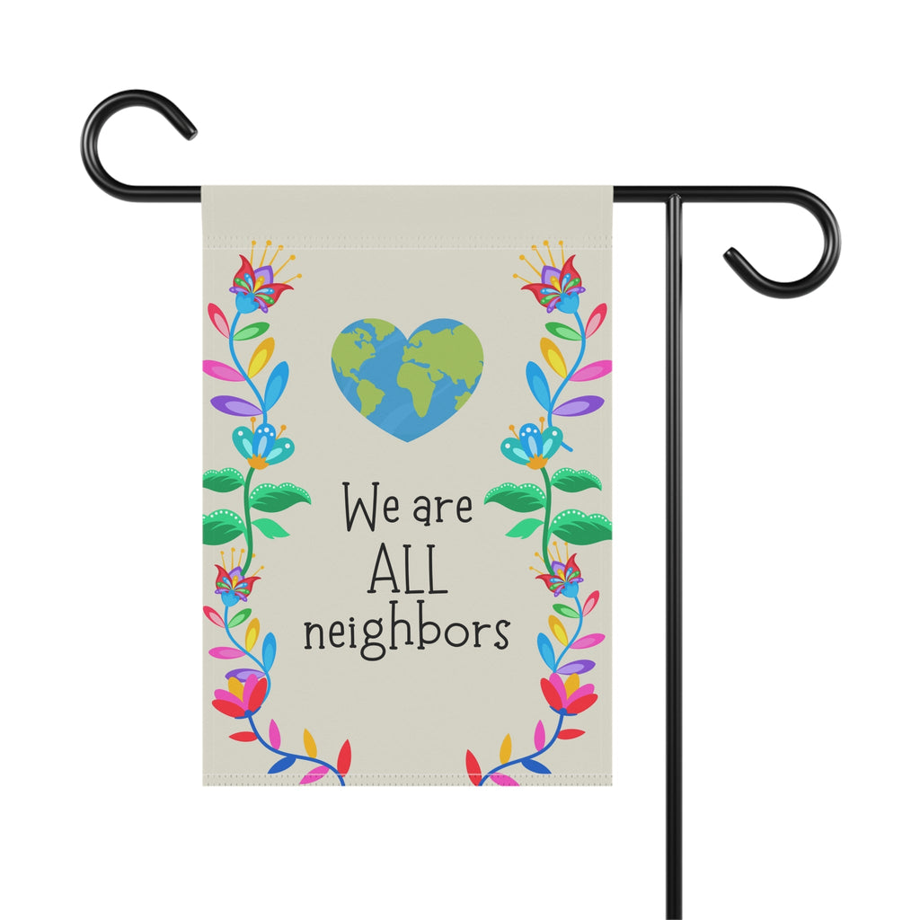 We Are ALL Neighbors Garden flag, Earth Heart Floral House Banner for inclusive homes Home Decor La Vie Bien We Are ALL Neighbors Garden flag, Earth Heart Floral House Banner for inclusive homes