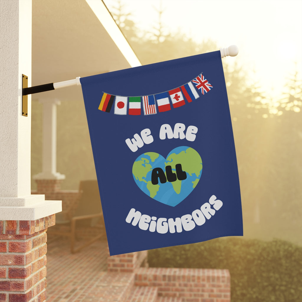 We Are All Neighbors Garden Flag, House Banner, Earth Heart with International Flags Home Decor La Vie Bien We Are All Neighbors Garden Flag, House Banner, Earth Heart with International Flags