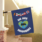 We Are All Neighbors Garden Flag, House Banner, Earth Heart with International Flags Home Decor La Vie Bien We Are All Neighbors Garden Flag, House Banner, Earth Heart with International Flags