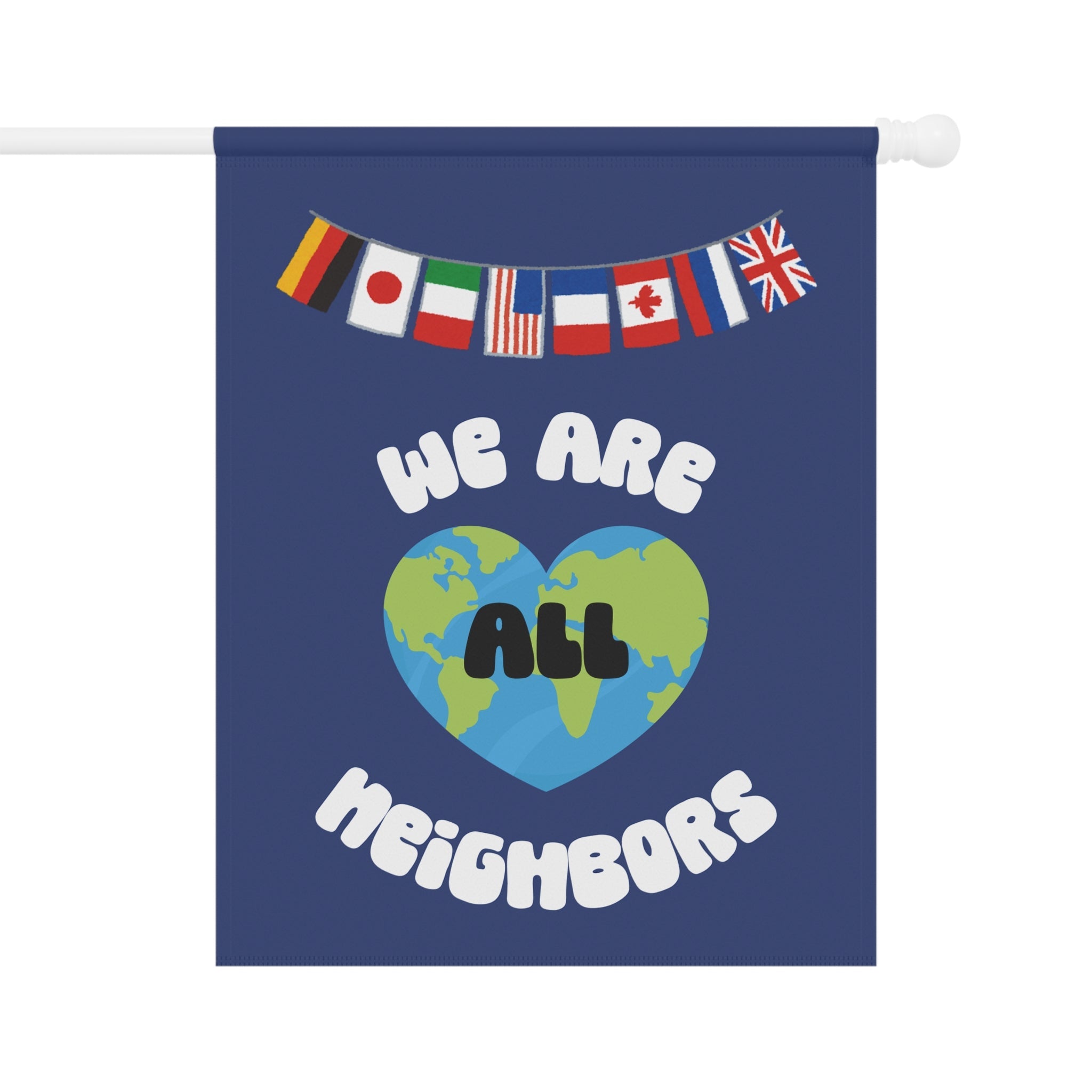 We Are All Neighbors Garden Flag, House Banner, Earth Heart with International Flags Home Decor La Vie Bien We Are All Neighbors Garden Flag, House Banner, Earth Heart with International Flags