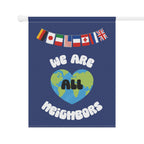 We Are All Neighbors Garden Flag, House Banner, Earth Heart with International Flags Home Decor La Vie Bien We Are All Neighbors Garden Flag, House Banner, Earth Heart with International Flags