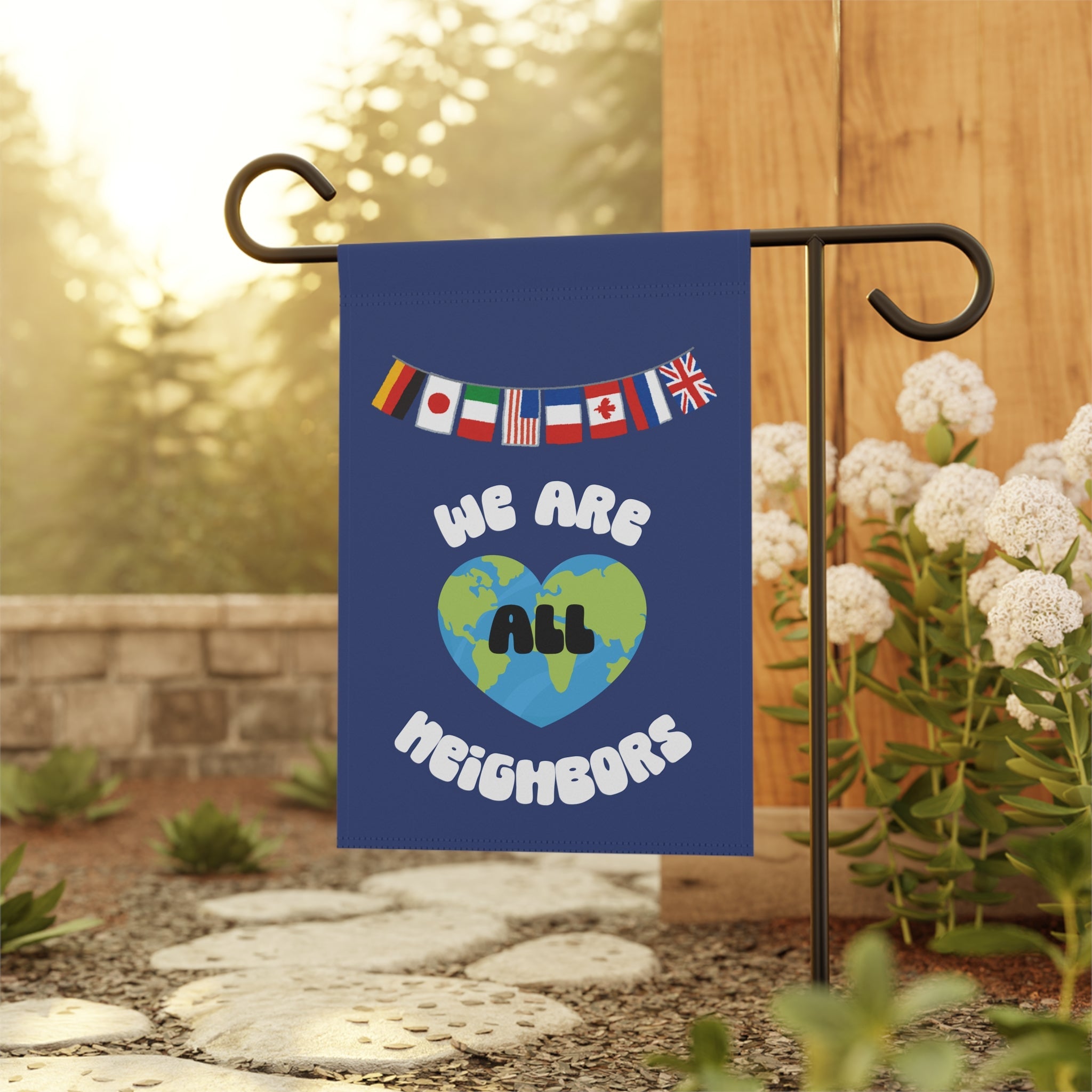 We Are All Neighbors Garden Flag, House Banner, Earth Heart with International Flags Home Decor La Vie Bien We Are All Neighbors Garden Flag, House Banner, Earth Heart with International Flags