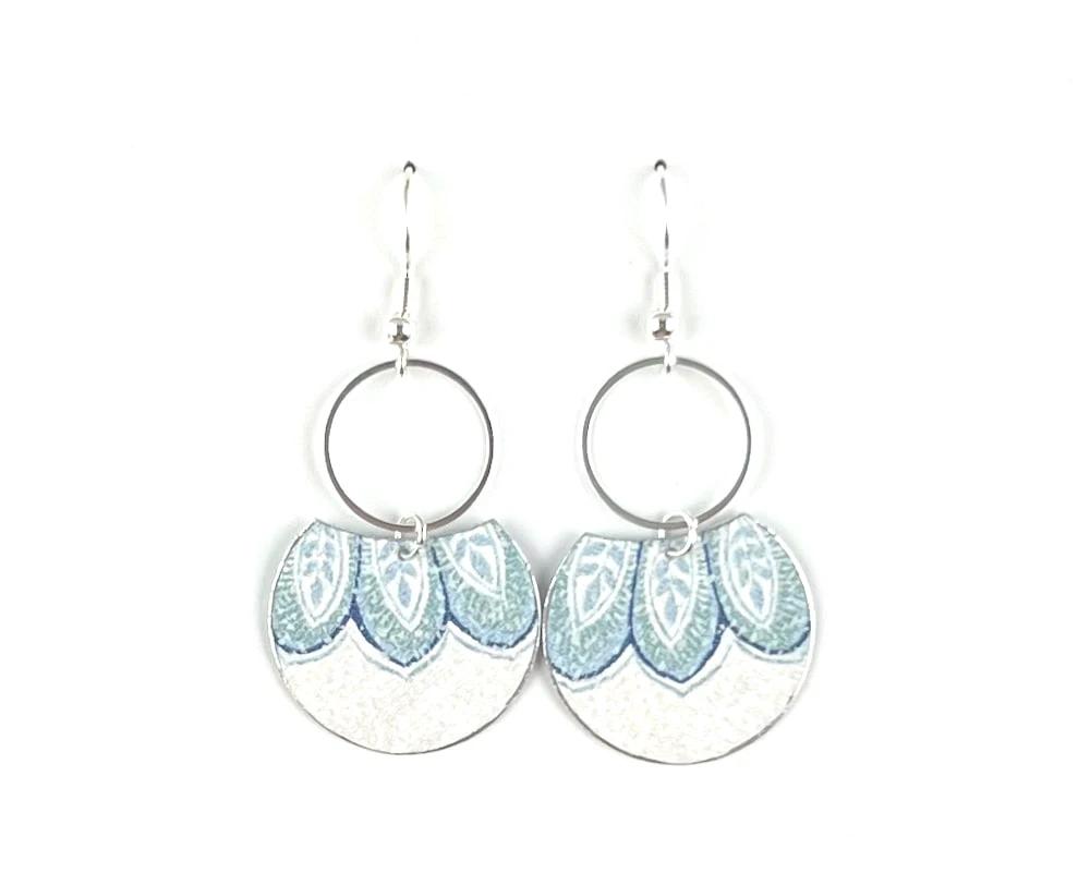 Sweet Blue and Silver Earrings with Floral Leaf Print by Gracie Nicole