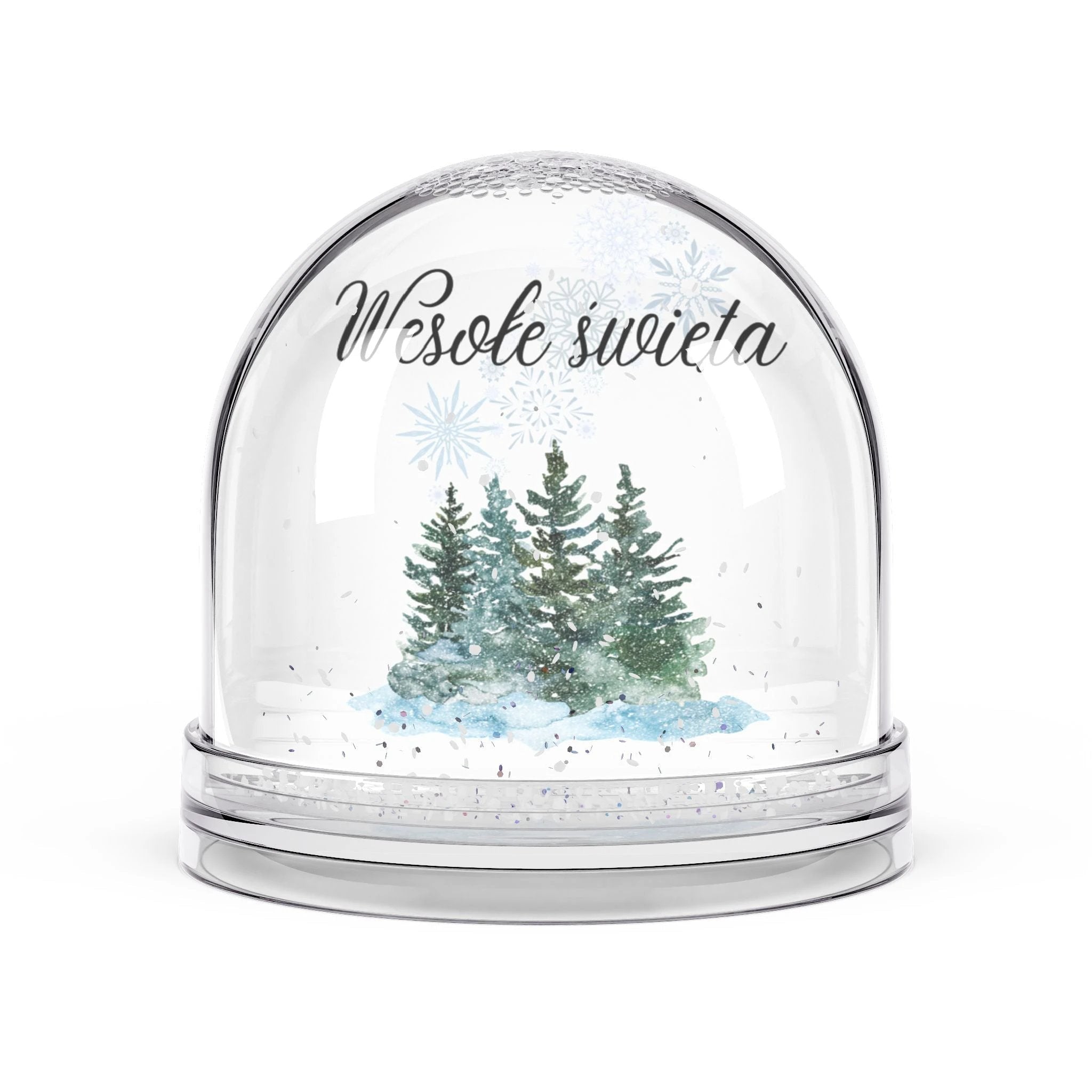 Wesołe święta Pine Trees Snow Globe, Polish Merry Christmas Snow Globe by Printify