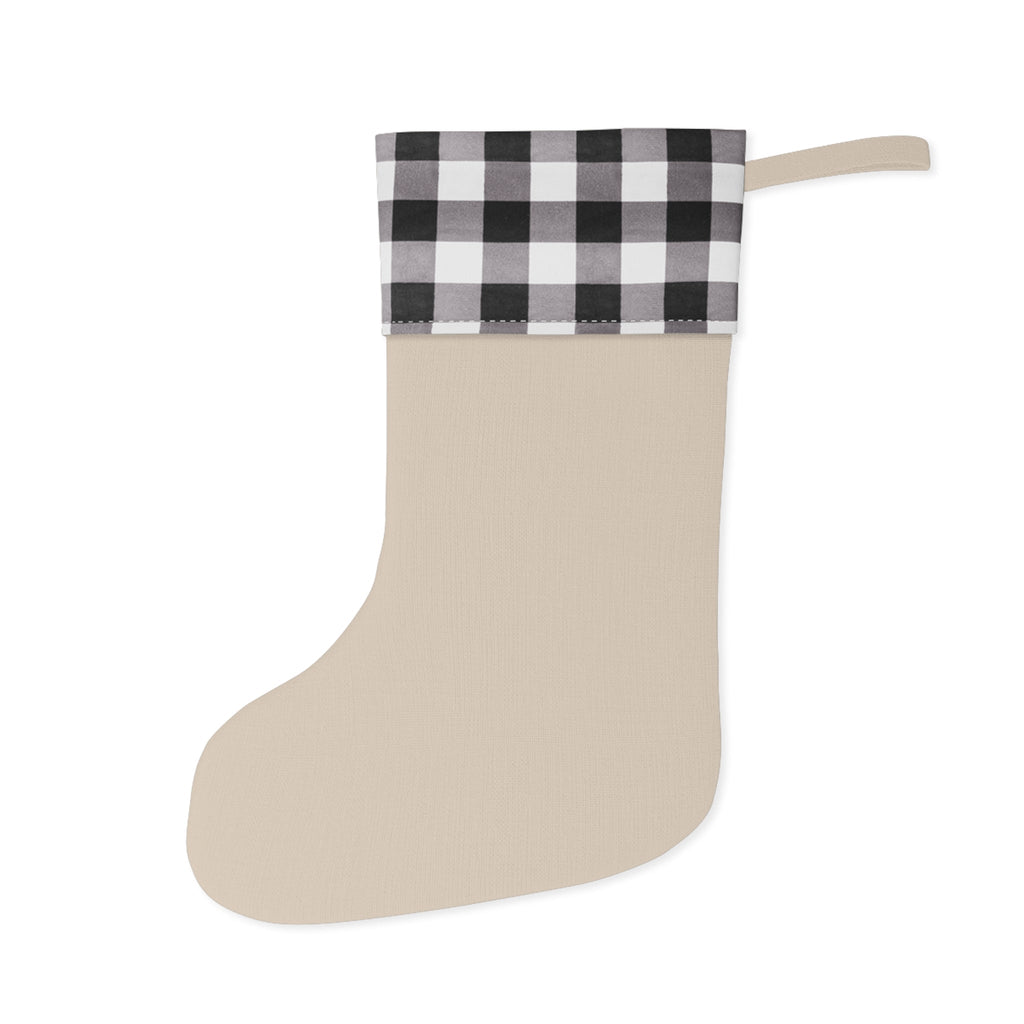 Wesołe święta Polish Merry Christmas pine trees Christmas Stocking, buffalo plaid cuff, beige fabric by Printify