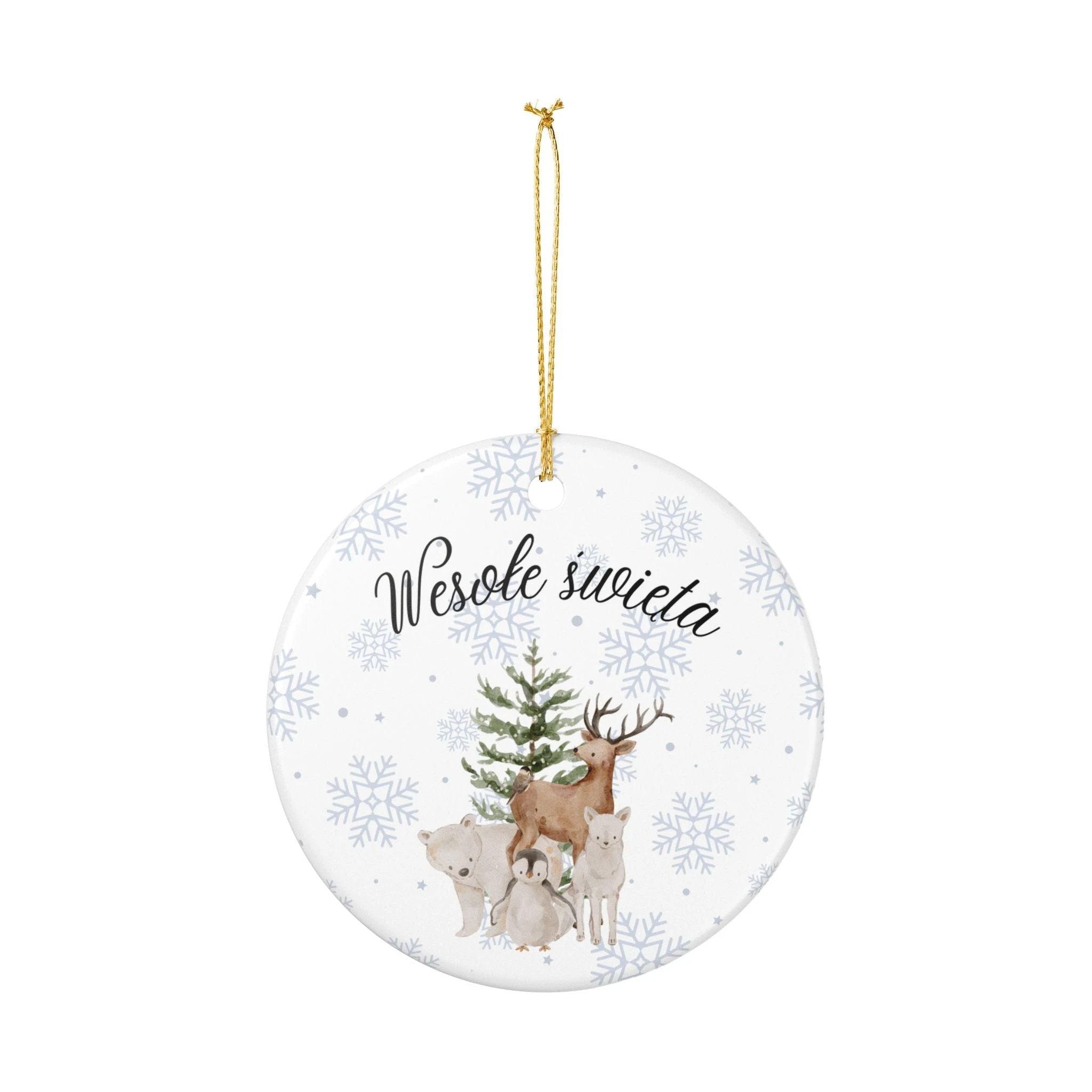 Wesole Swieta Woodland Animals Ornament, Polish Merry Christmas Ceramic Christmas Decoration by Printify