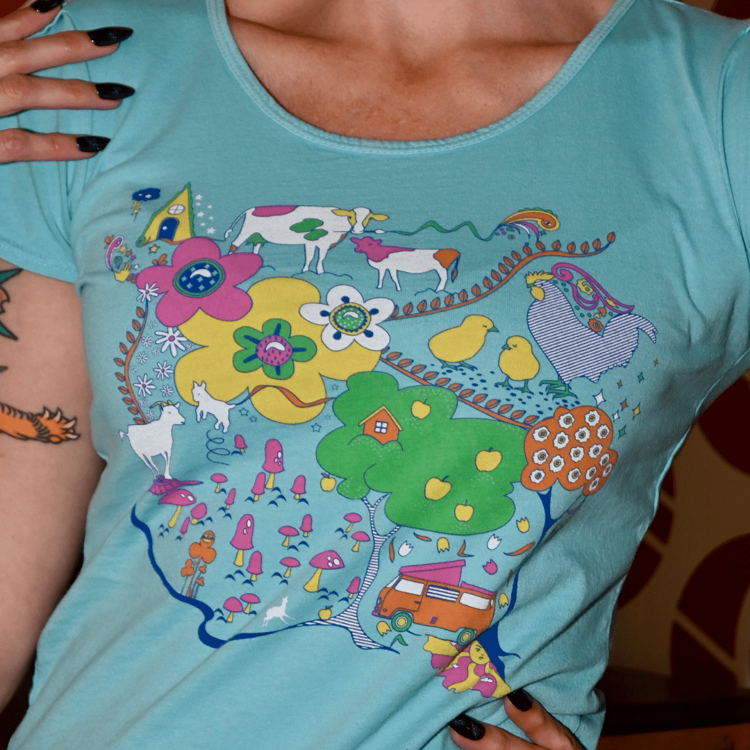 Whimsical Landscape & Animal Tee in Blue Skies Graphic tee La Vie Bien Whimsical Landscape & Animal Tee in Blue Skies