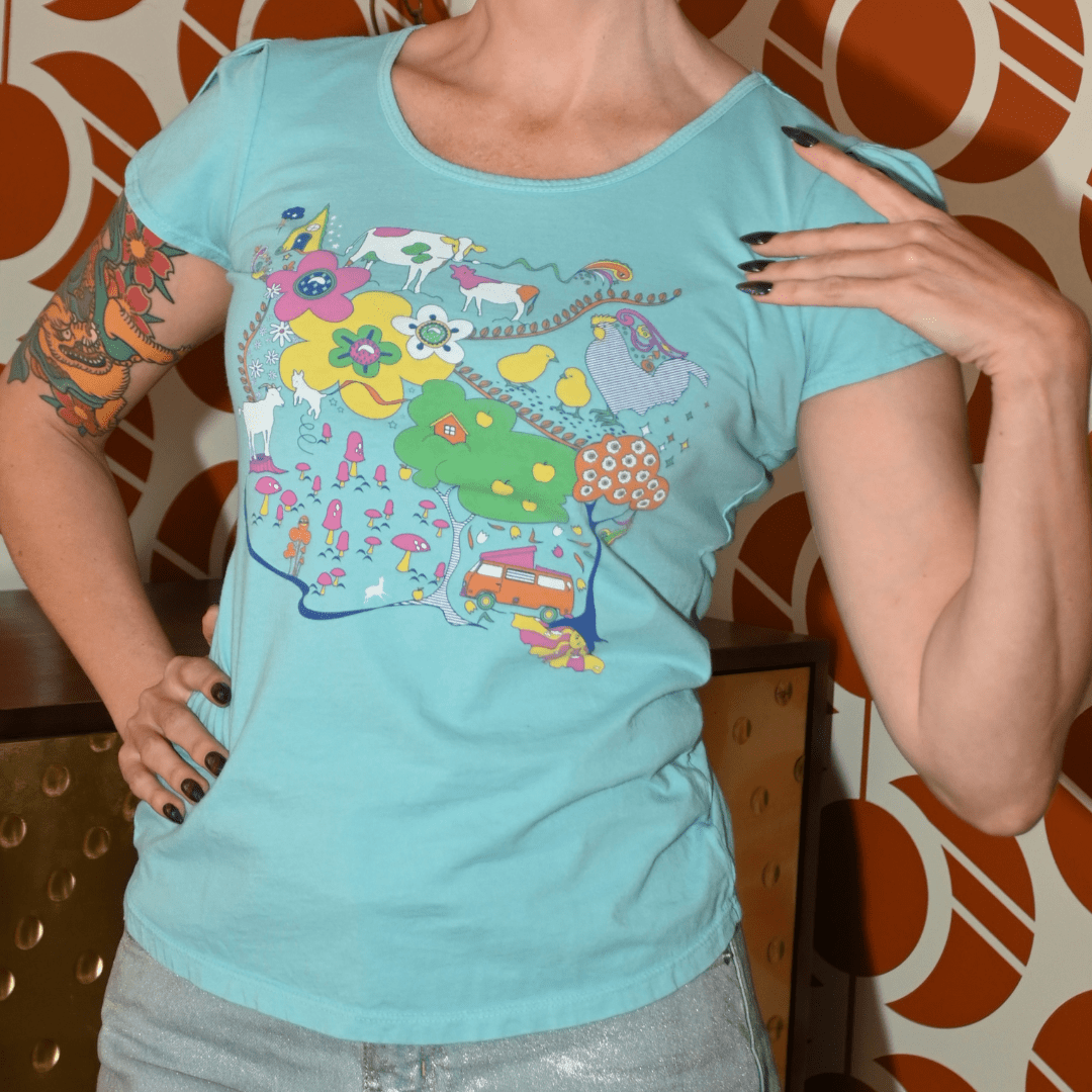 Whimsical Landscape & Animal Tee in Blue Skies Graphic tee La Vie Bien Whimsical Landscape & Animal Tee in Blue Skies